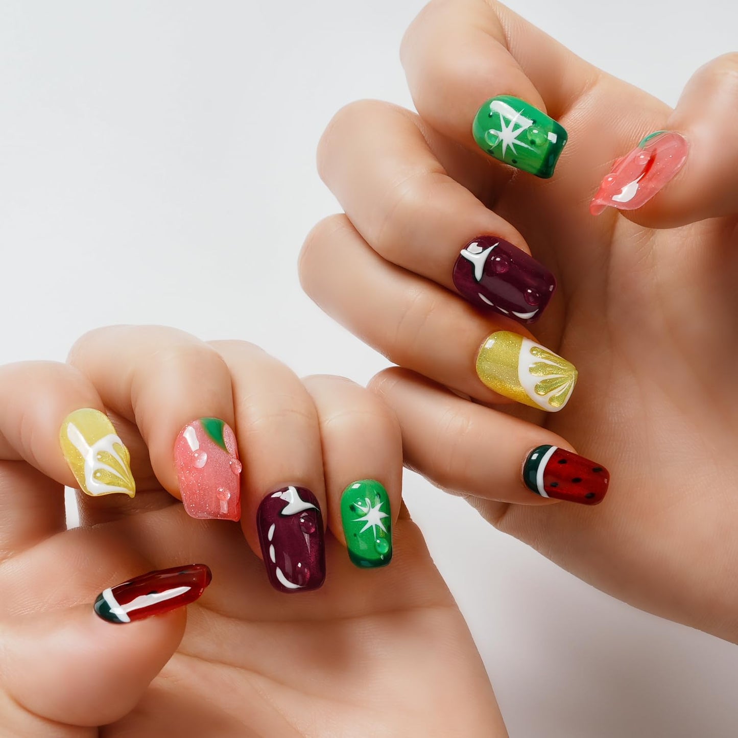 Tesytto Glitter Press on Nails Short Coffin Summer Fruit Nails Cateyes with 3D Water Drop, Hand-painted Watermelon & Lemon Art, Reusable Acrylic Full Cover Fake Nails, 10pcs (Fruit Party,L)