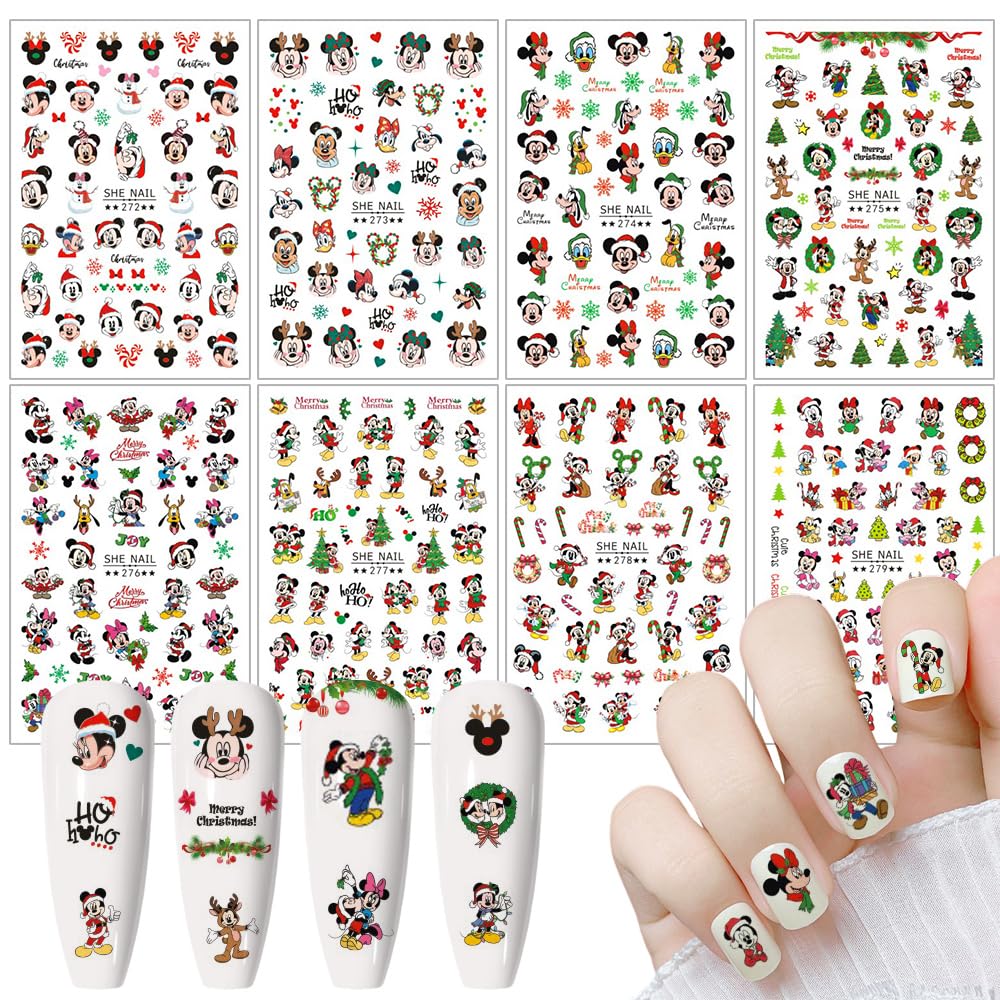 Christmas Nail Stickers - 8 Sheets Cute Cartoon Self-Adhesive Nail Decals, Xmas Nail Art Supply With Snowflake, Elk, Mouse Design for Women Girls DIY Nail Decoration
