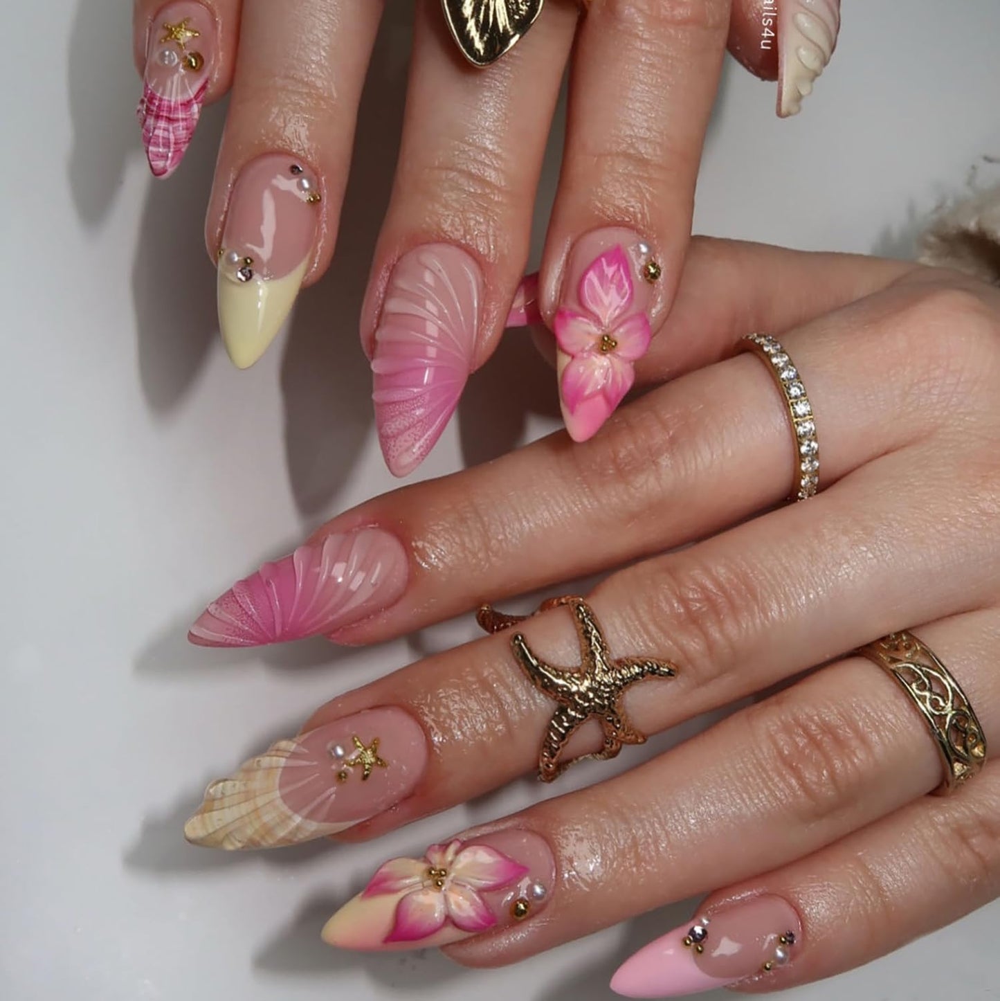 Summer Press On Nails French Fake Nails Press Ons With Gold Starfish Design Pearls Stick On Nails Flower False Nails Glossy Water Ripple Artificial Glue On Nails For Women Nail Supplies