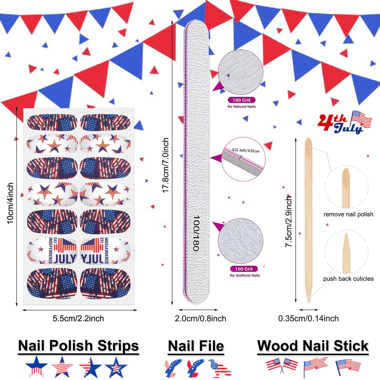 DANNEASY 24 Sheets 4th of July Nail Polish Stickers Full Nail Wraps Independence Day Self Adhesive Nail Polish Strips Fingernail Stick on Nails for Women with Nail File, Cuticle Stick