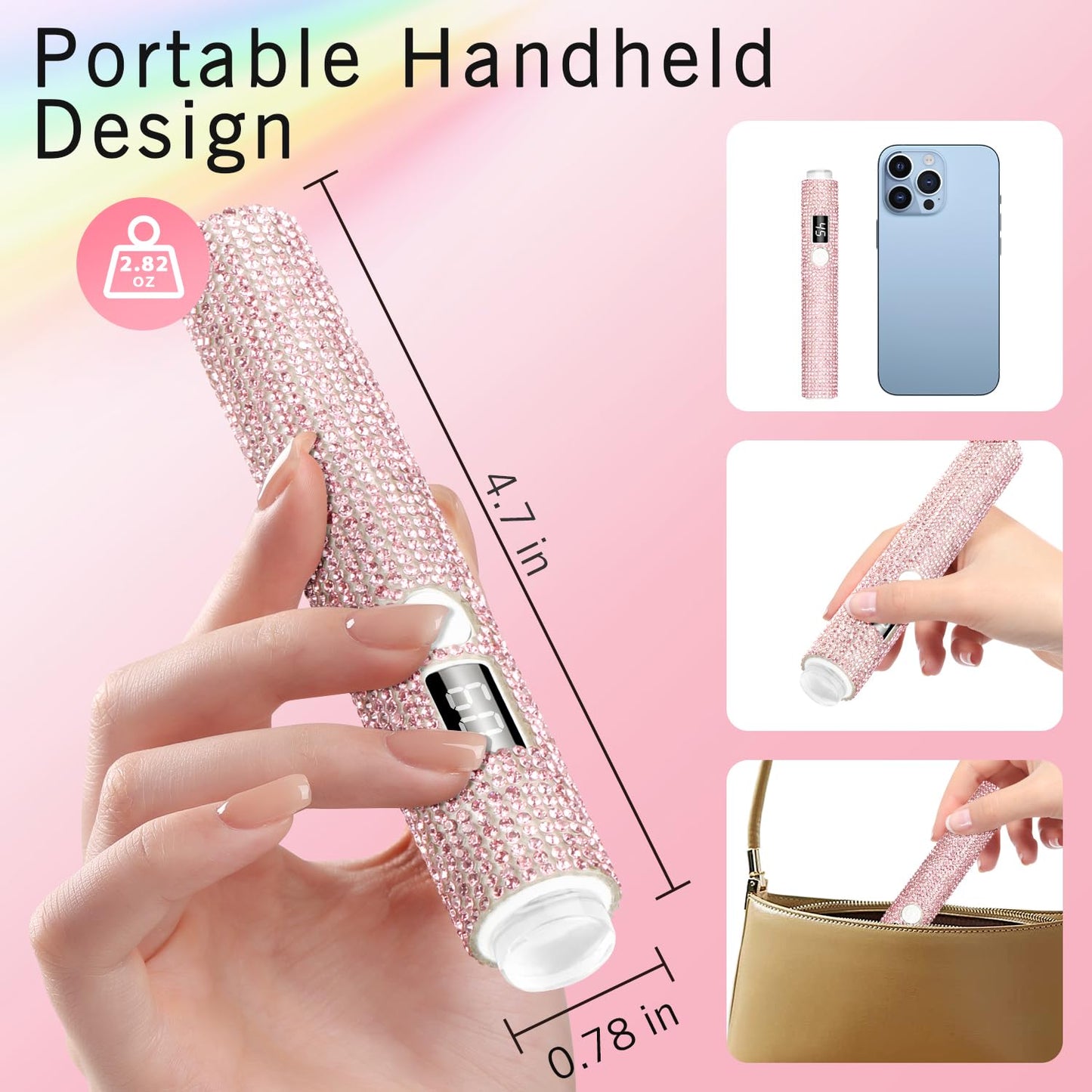 peccera Handheld UV Light for Gel Nails, Glitter UV Nail Lamp, Cordless Portable Mini Gel Nail Lamp for Fast Curing, Rechargeable LCD Polish Nail Dryer for DIY Manicure Decor - Pink Diamond