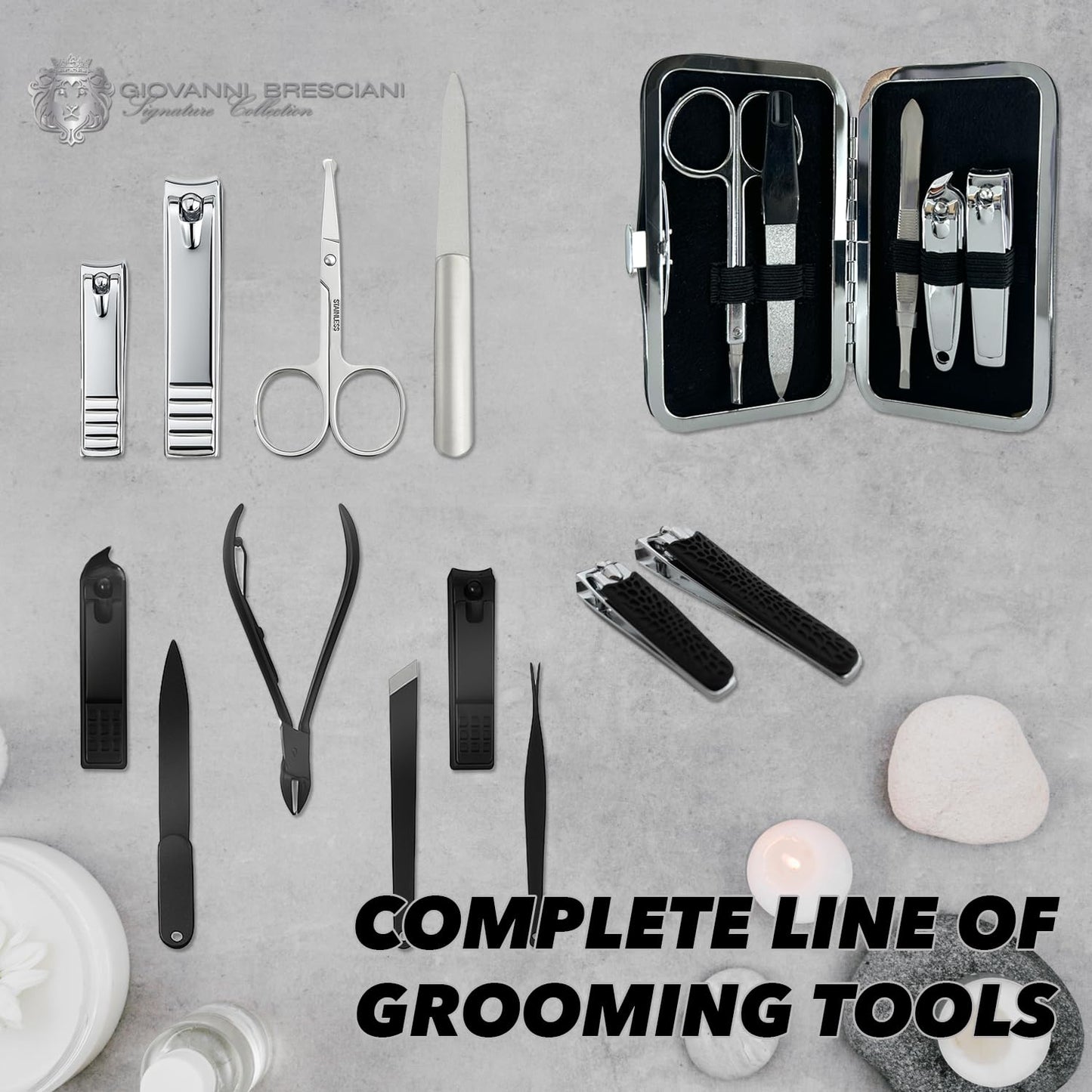 Earth & I 6 Piece Manicure Pedicure Kit, Professional Nail Care and Grooming Tools with Fingernail and Toenail Clippers, Mens Self Care, Travel Mens Toilettries in Hard Leatherette case