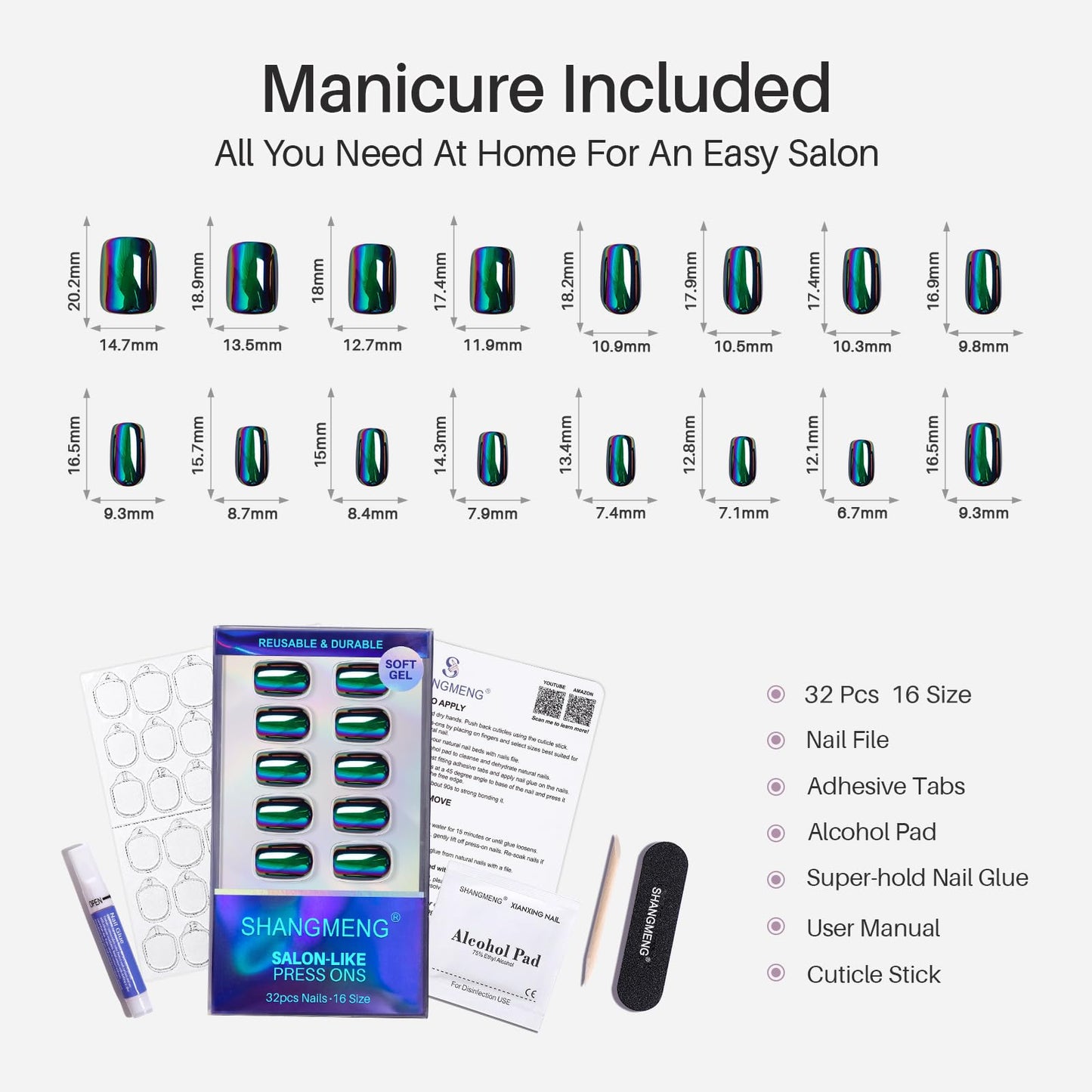 Metallic Chrome Press on Nails Squoval - SHANGMENG Blue Purple Holo Short Nails for Women Gift, Soft Gel Glossy Glue on Nails with Glue in 16 Sizes - 32 Reusable Fake Nails Kit, Neon Noir