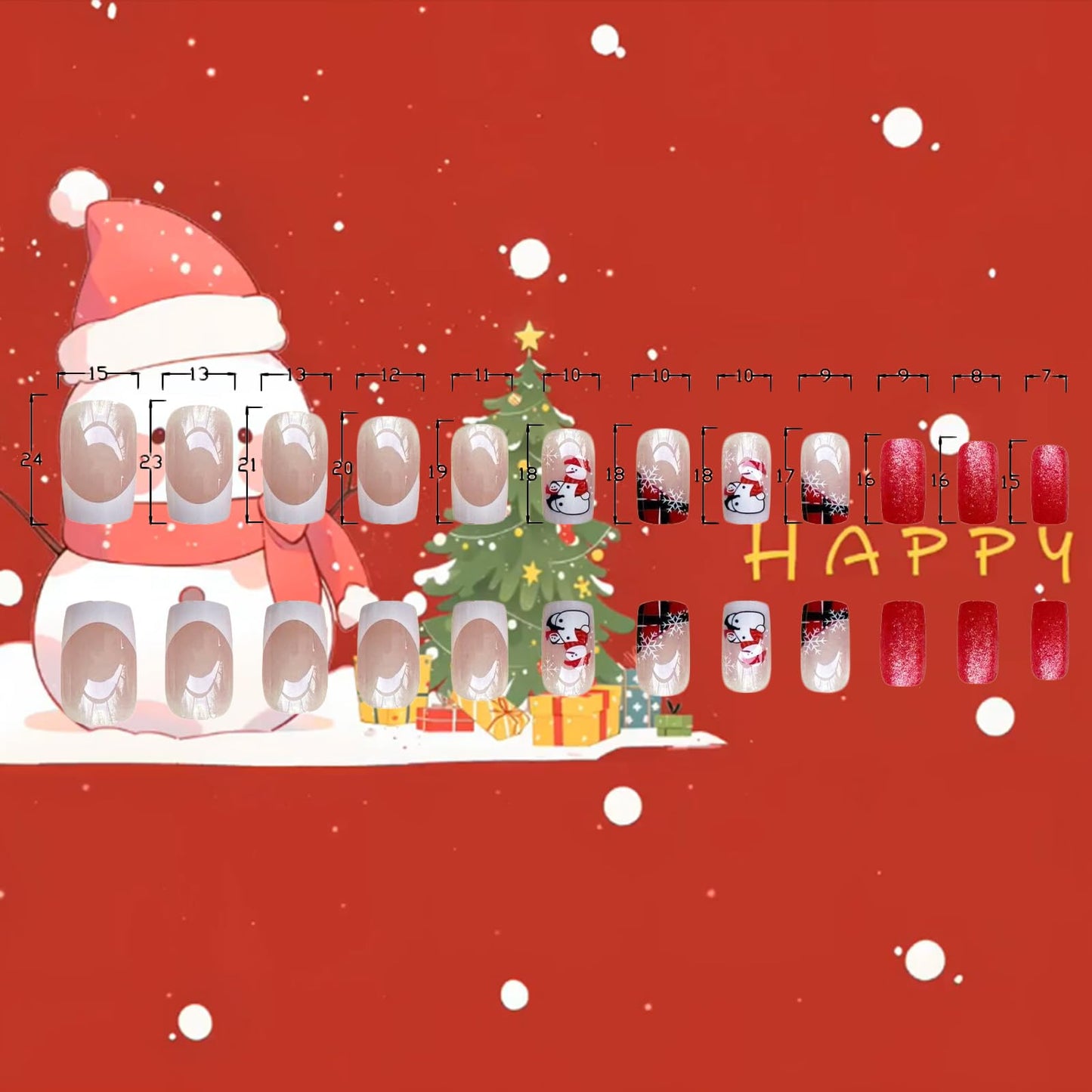 Christmas Medium Square False Nails Snowflake Press on Nails Snowman Gel Glue on Nail 24Pcs Silver Glitter Stick on Fingernails Glossy White French Tips Acrylic Fake Nail for Women Xmas Gift