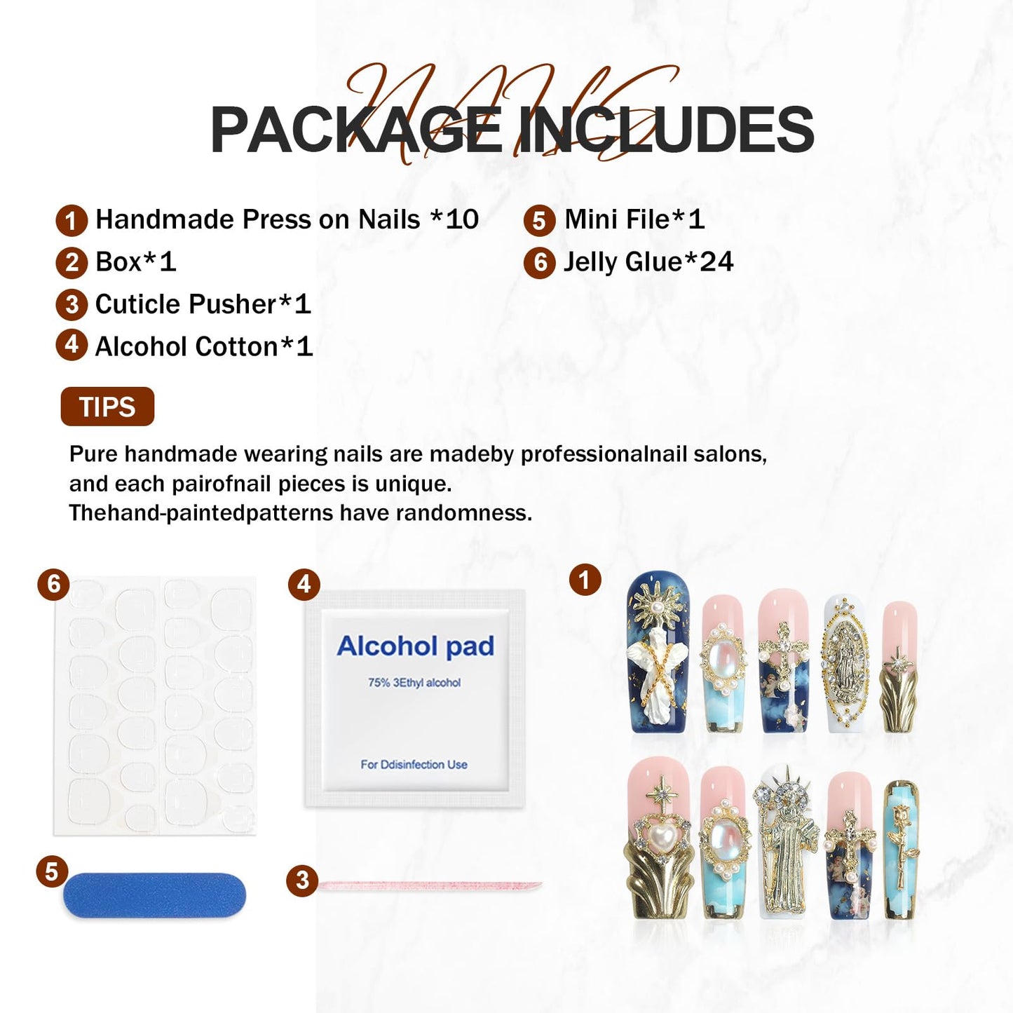 HOMSERA Handmade Press on Nails Long Square, XL Reusable Fake Nails Blue Nude Style with Sun Goddess & Gold 3D Flower Art XXL Luxury Acrylic French Tips With Cross Scepter & Aurora Design for Women