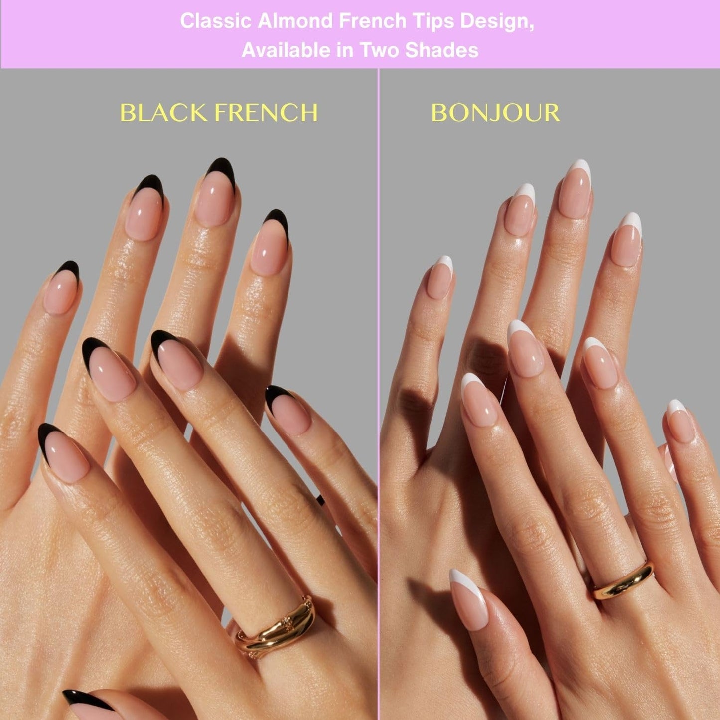 LAMIMOSA 32Pcs Black French Tip Press on Nails Short Almond - Soft Gel Fake Nails in 16 Sizes, Reusable Semi-Transparent Glue on Nails Kit, BLACK FRENCH