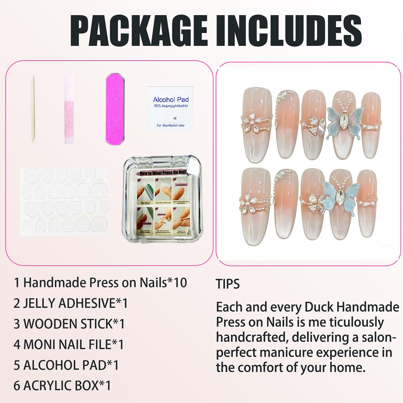 Handmade Press on Nails Stiletto Elegant Almond Shaped Nails in Pink and White Embellished with Rhinestone Butterflies Handmade Stiletto Press on Nails 3D Luxury Press on Nails（M）