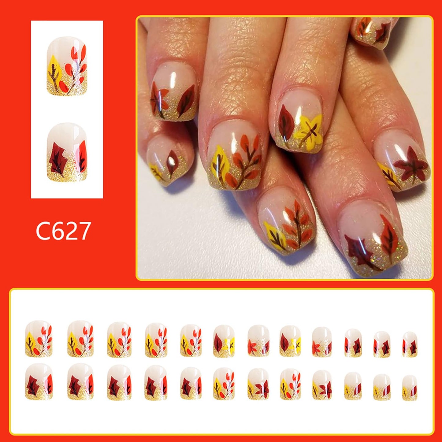 Thanksgiving Press on Nails Short Square Colorful Maple Leaves False Nails with Gold Glitter Powder Design French Acrylic Nails Fall Full Cover Glossy Coffin Nails Reusable Glue on Nails for Women