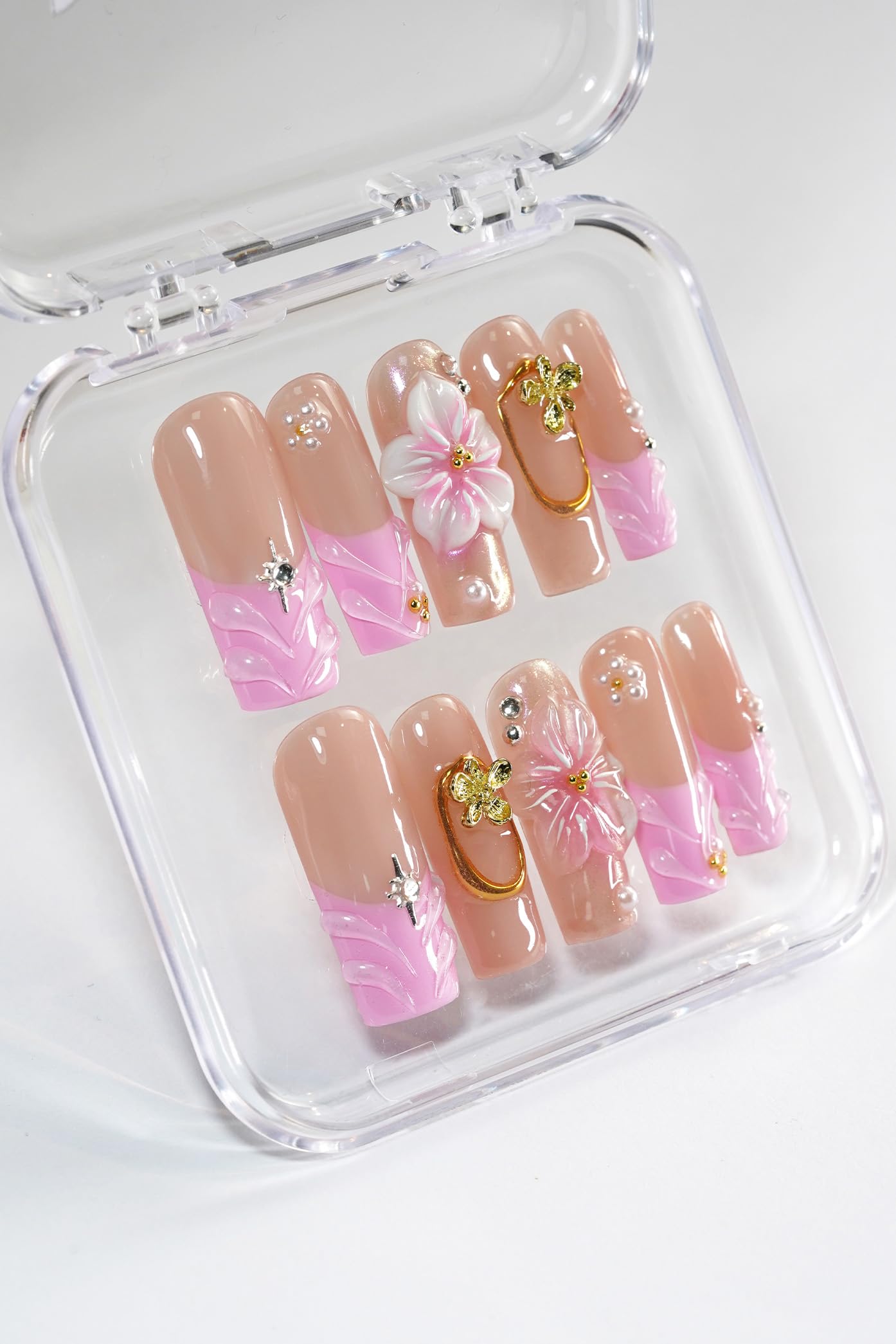 Nelaoco 10PCS Handmade Press On Nails REUSABLE 3D Gel Fake Nails Acrylic Slim Natural Profile Glassy Shine & Detail-Focused Finish (Champagne Rose Quartz - S)