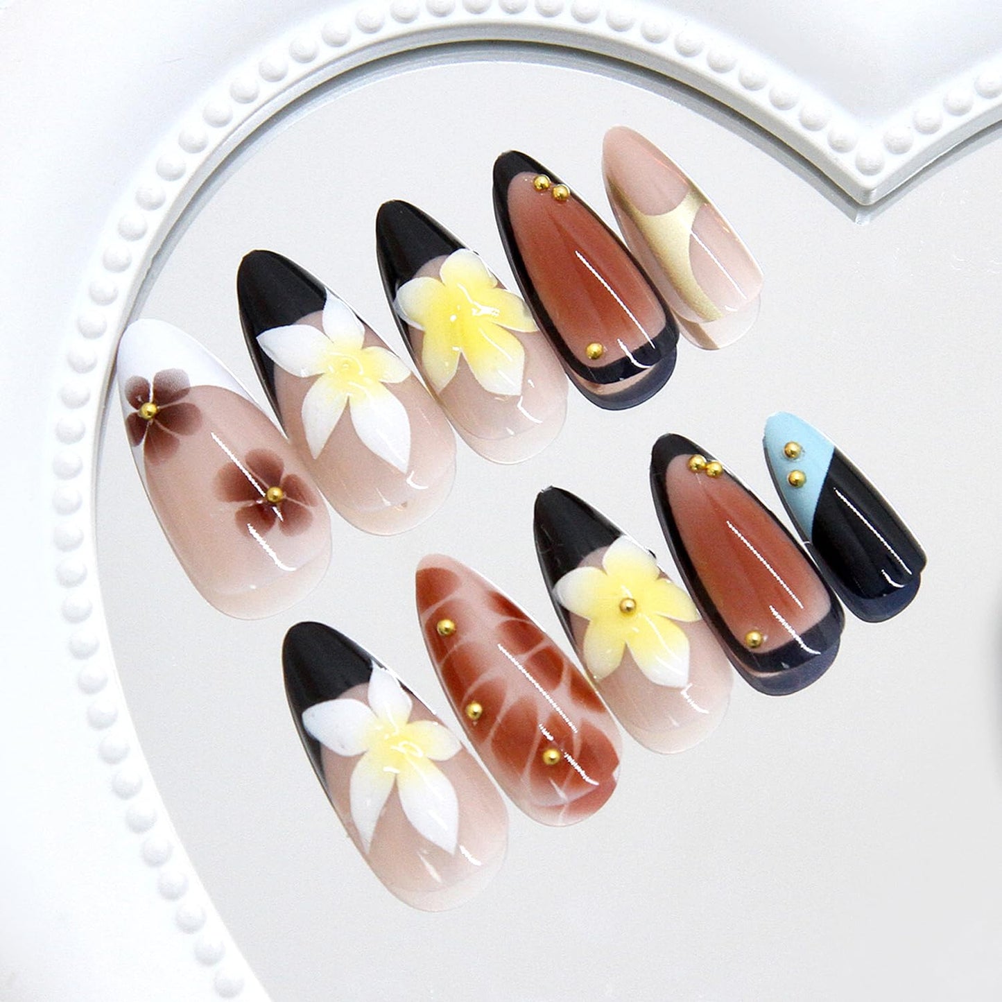 24Pcs French Tip Press on Nails Medium Almond Fake Nails with Lily Flower Pattern Brown Gold Beads Press on False Nails French Nails Cute Floral Stick on Full Cover Artificial Glue on Nail for Women