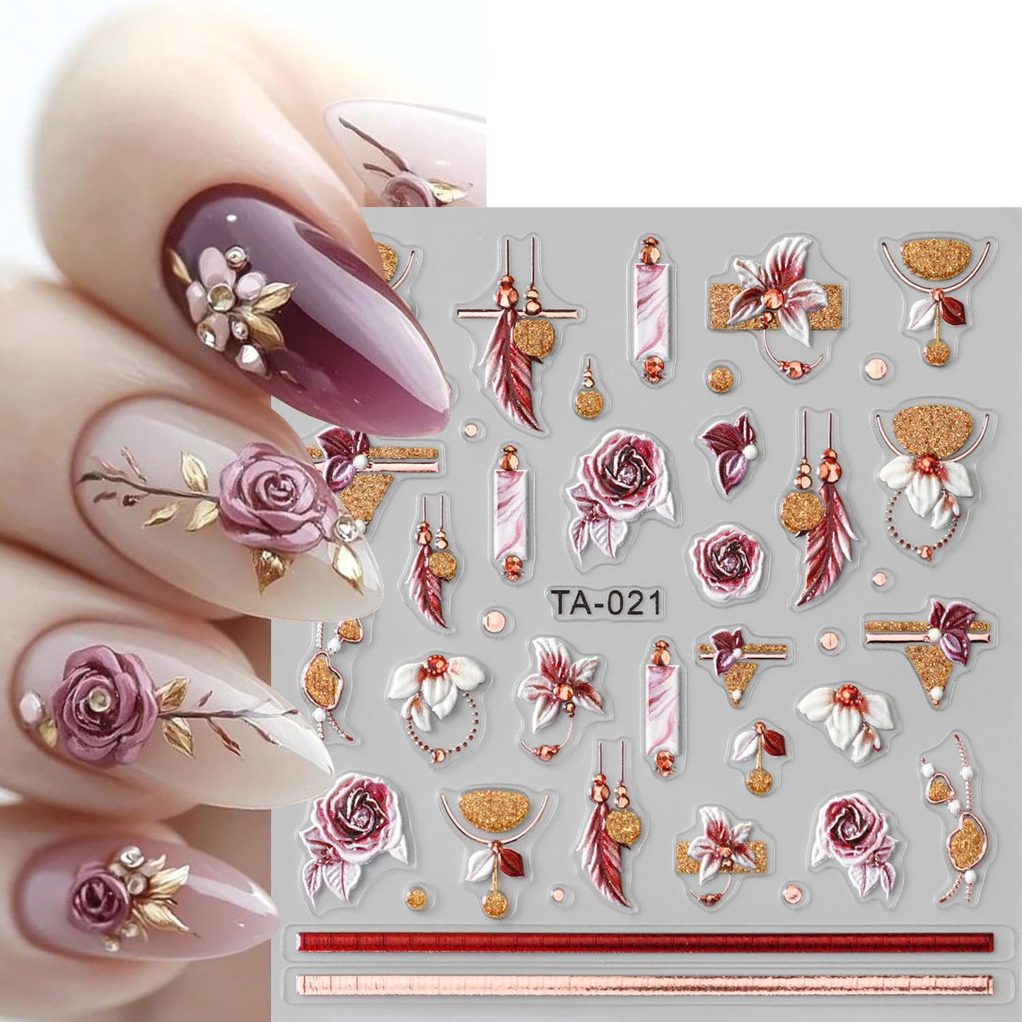 2Sheets 5D Embossed Flower Nail Art Stickers Self-Adhesive Smudge Rose Flowers Feather Nail Decals with Rhinestone Design Nail Sticker Cute Floral French Nail Decal for Women Autumn Winter Nails Decor