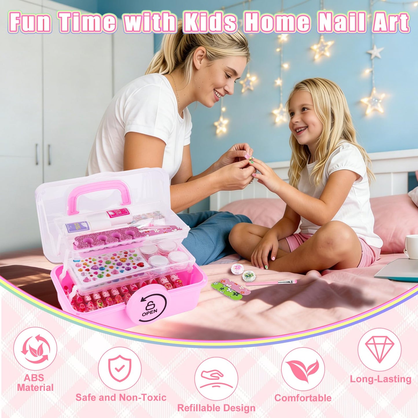 480 Pieces Press on Nails for Kids, EBANKU Girls Fake Nail Kit with Cute Nail Sticker Rhinestones Glitter, Nail Glue & Glue Removal & Sticky Tabs, Toe Separator & Other Manicure Tools w Storage Case