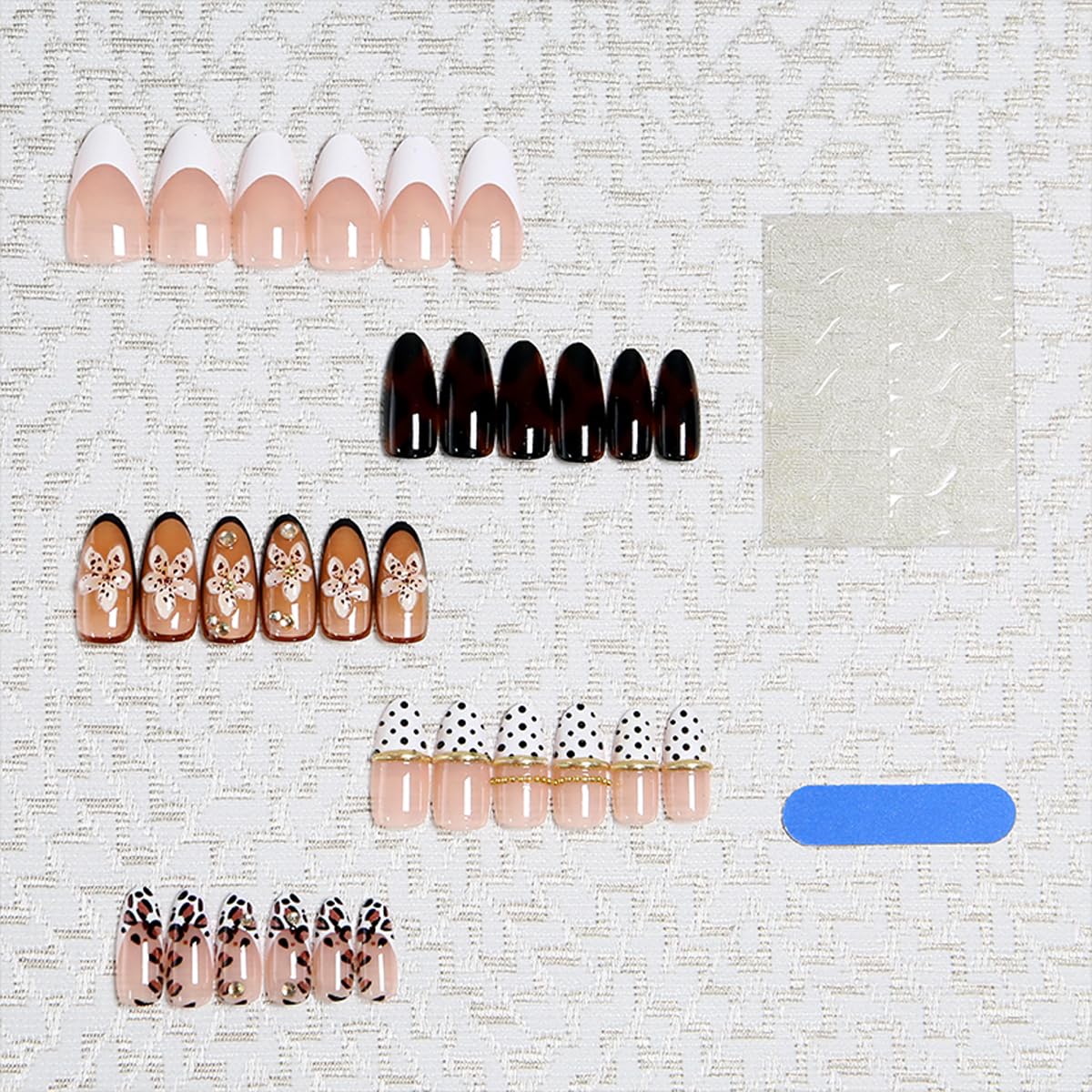 Brown Press on Nails Medium Almond Nails Press on with 5D Flower, Polka Dot & Tortoiseshell Design French Tip Fake Nails Leopard Print Glue on Nail Reusable Fall Summer Nail for Women Manicure 24Pcs