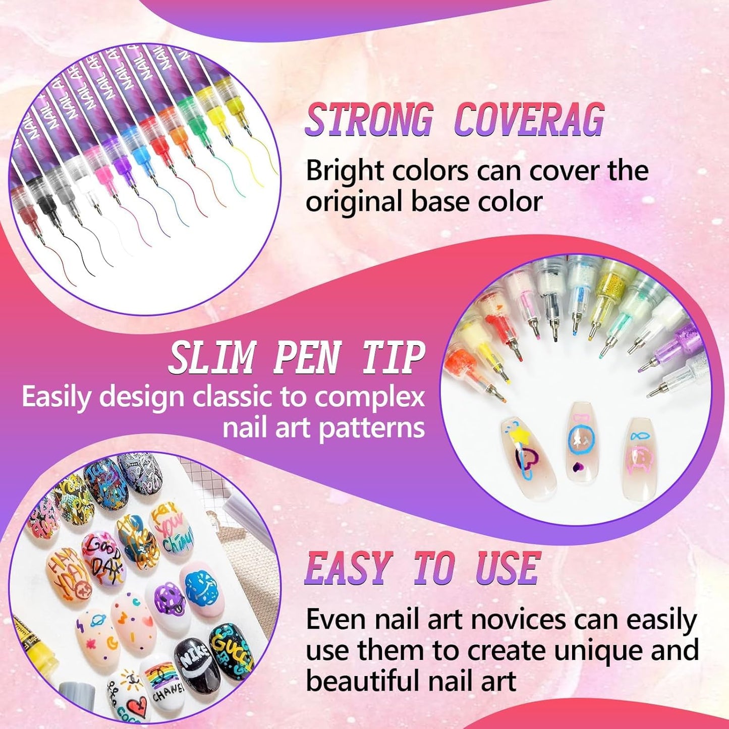 12 Color Nail Art Pens Set, 3D Quick Drying 0.5MM Nail Polish Pen,DIY Nail Beauty Decoration Nail tools,Nail art Mark Graffiti Pen,Nail Art Painted Pen Kit