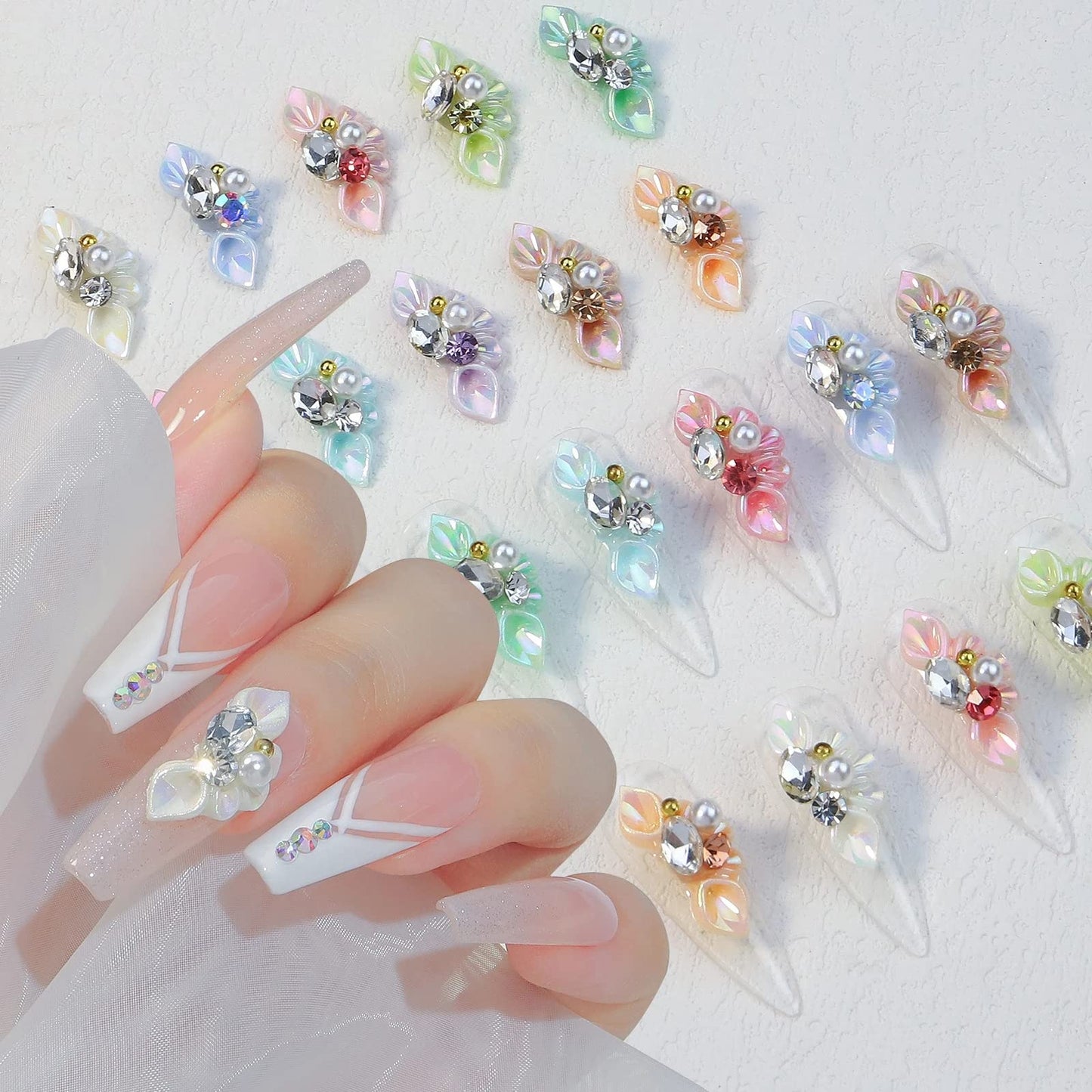 DANNEASY 30pcs 5d Flower Nail Charms Flat Back Embossed Nail Art Charms with Rhinestones Pearl Crystals Diamond Gems Nail Jewels Nail Decoration for Acrylic Nails DIY Craft Jewelry Making Accessories