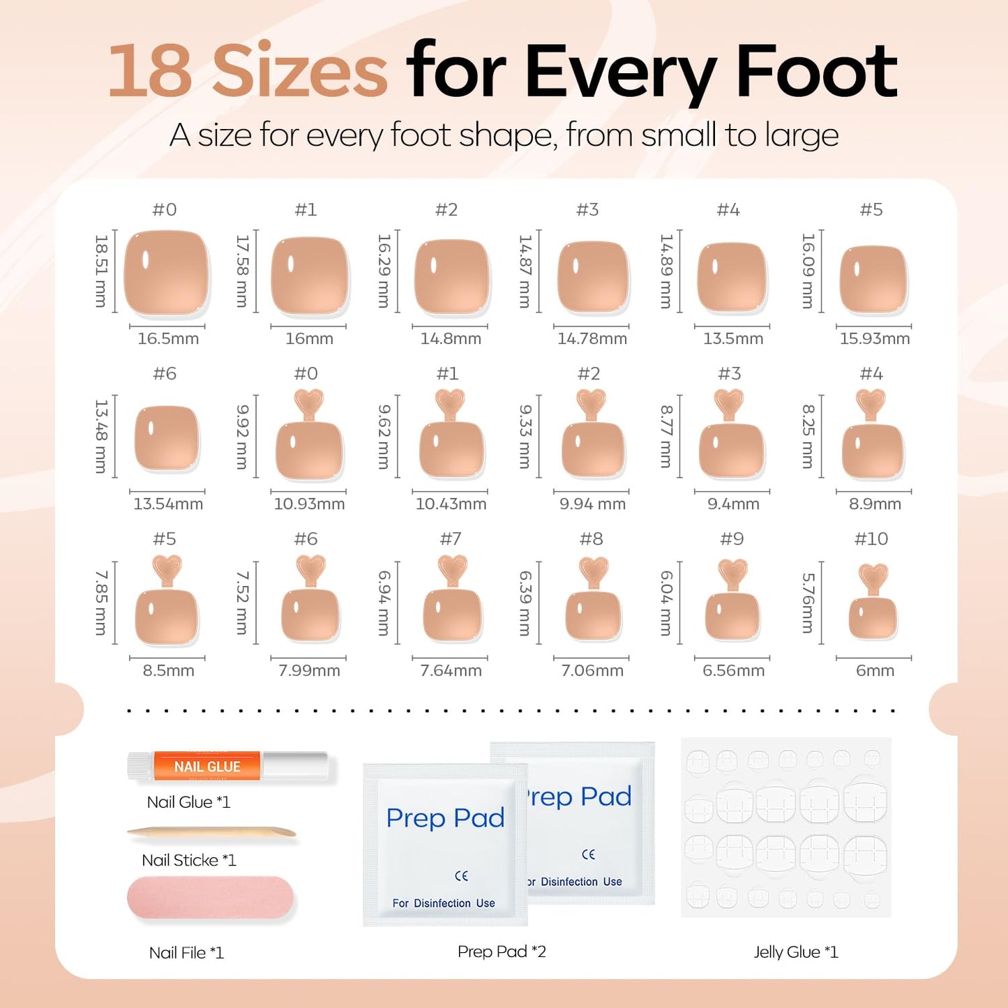 Modelones Press on Toenails Short, Sheer Nude Toe Press on Nails Square, Reusable Nail Kit with Nail Glue Adhesive Tabs Mini Nail File, Toe Nails 36Pcs 18Sizes, Spring Summer Women Girl Gift