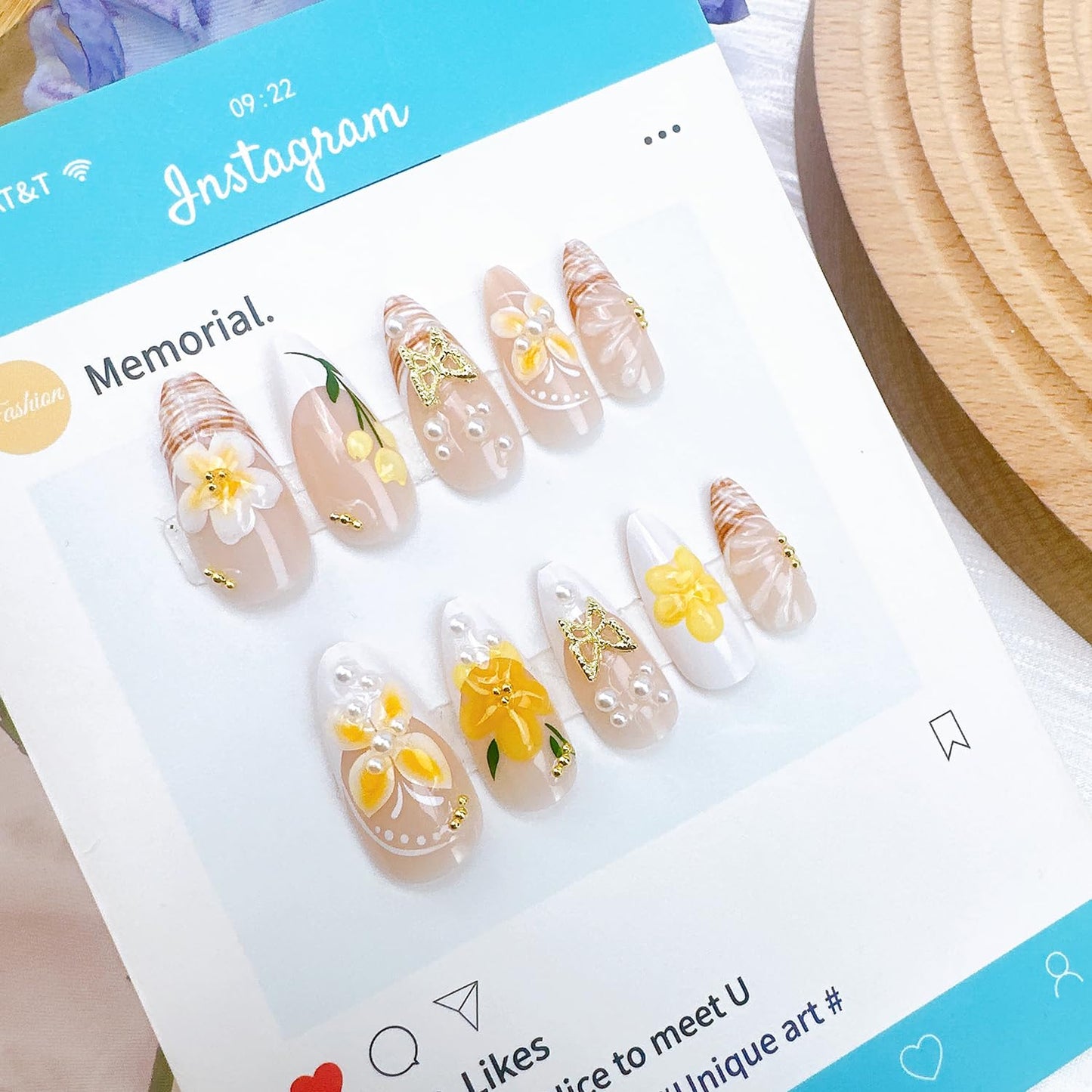 24Pcs Spring Press on Nails Medium Almond Fake Nails with Pearl Butterfly Rhinestones Designs 3D Flower False Nails Yellow Butterflies Acrylic Nail French Tip Full Cover Glue on Nails for Women