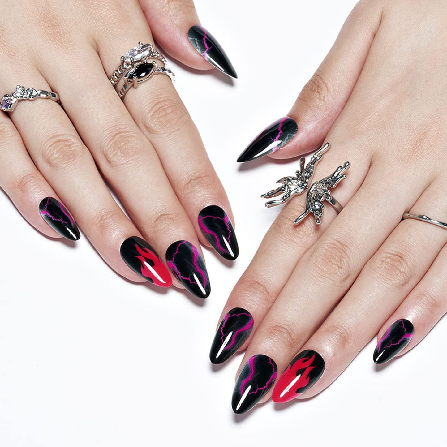 Almond Press on Nails with Red Thunder, GLAMERMAID Black Oval Fake Nails with Design, UV Glossy Finish Cartoon Acrylic False Nail Kits, Fire Stick Glue on Nails Sets Reusable Full Cover Nails for Women Girls Gift, 24Pcs
