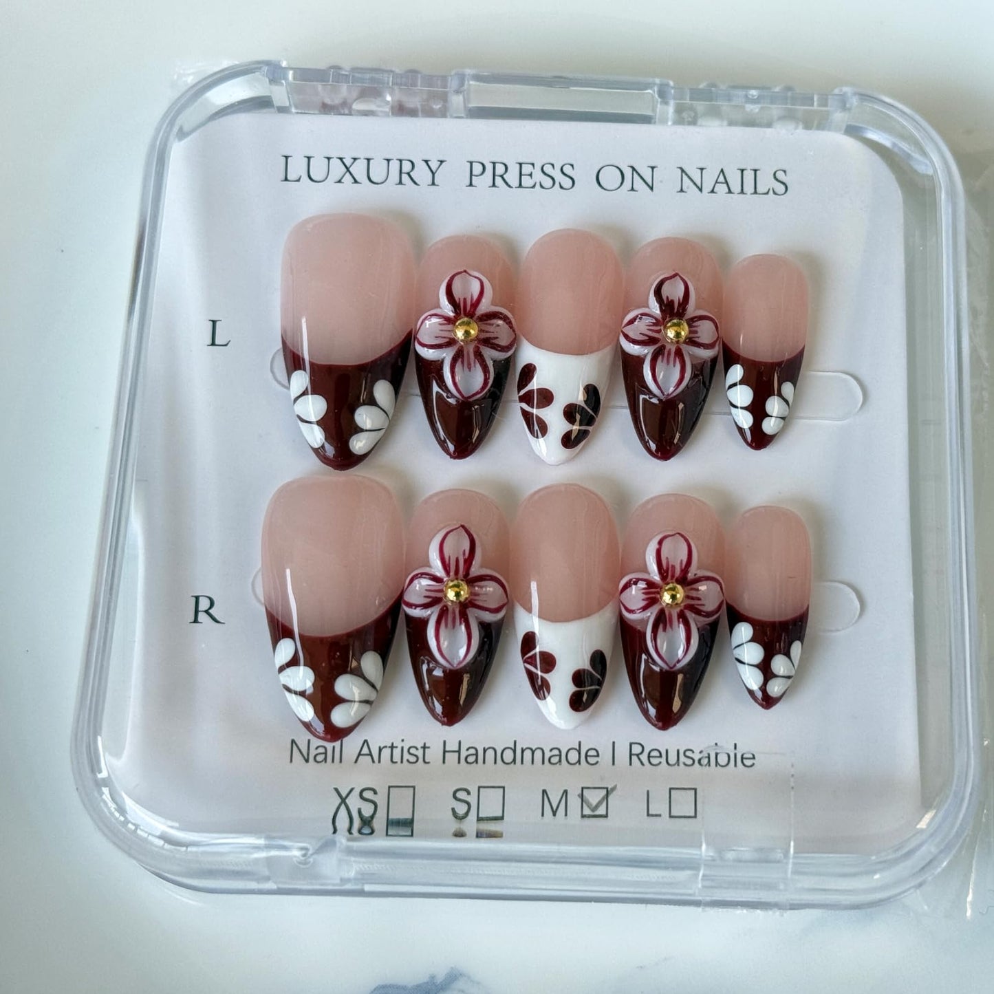 Haozerart Handmade Press On Nails, Medium Almond Luxury Burgundy Fake Nails, 3D Flower Glossy French Tip Reusable False Nails Kit for Women, (M Size, 10Pcs)