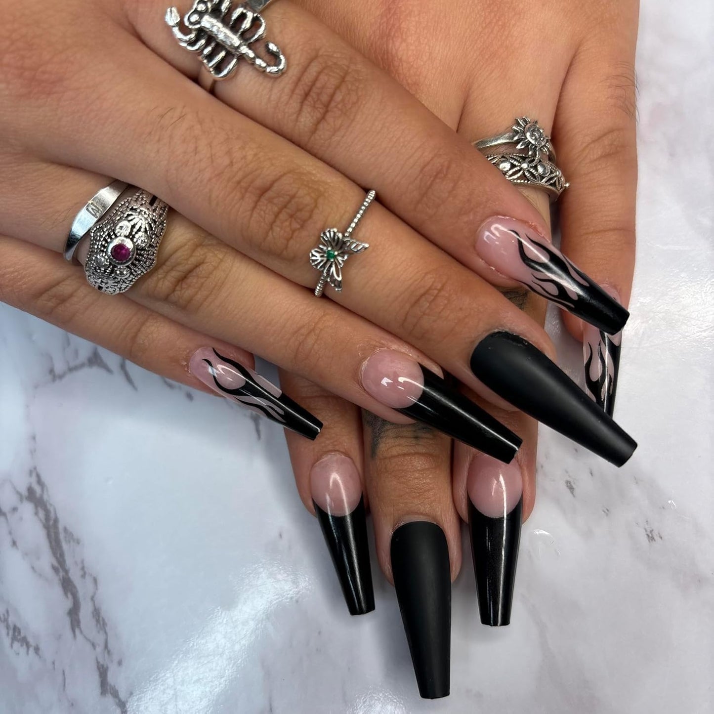 Lavaa Beauty Baddie Nail kIT – SLAYED Black Flame Extra-Long Coffin + ALIEN BADDIE Chrome Ombré Almond Press-On Nails | Reusable Glossy Fake Nails Set for Instant Glam