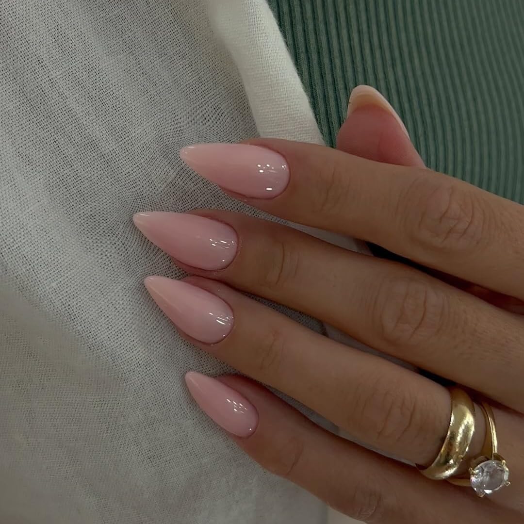 Chalk Baby Pink Press on Nails Medium Stiletto Almond,KQueenest Pure Color Acrylic Nails Kit Reusable Fake Nails with Feature Protective UV Coating for Women Nail Art Manicure in 24PCS