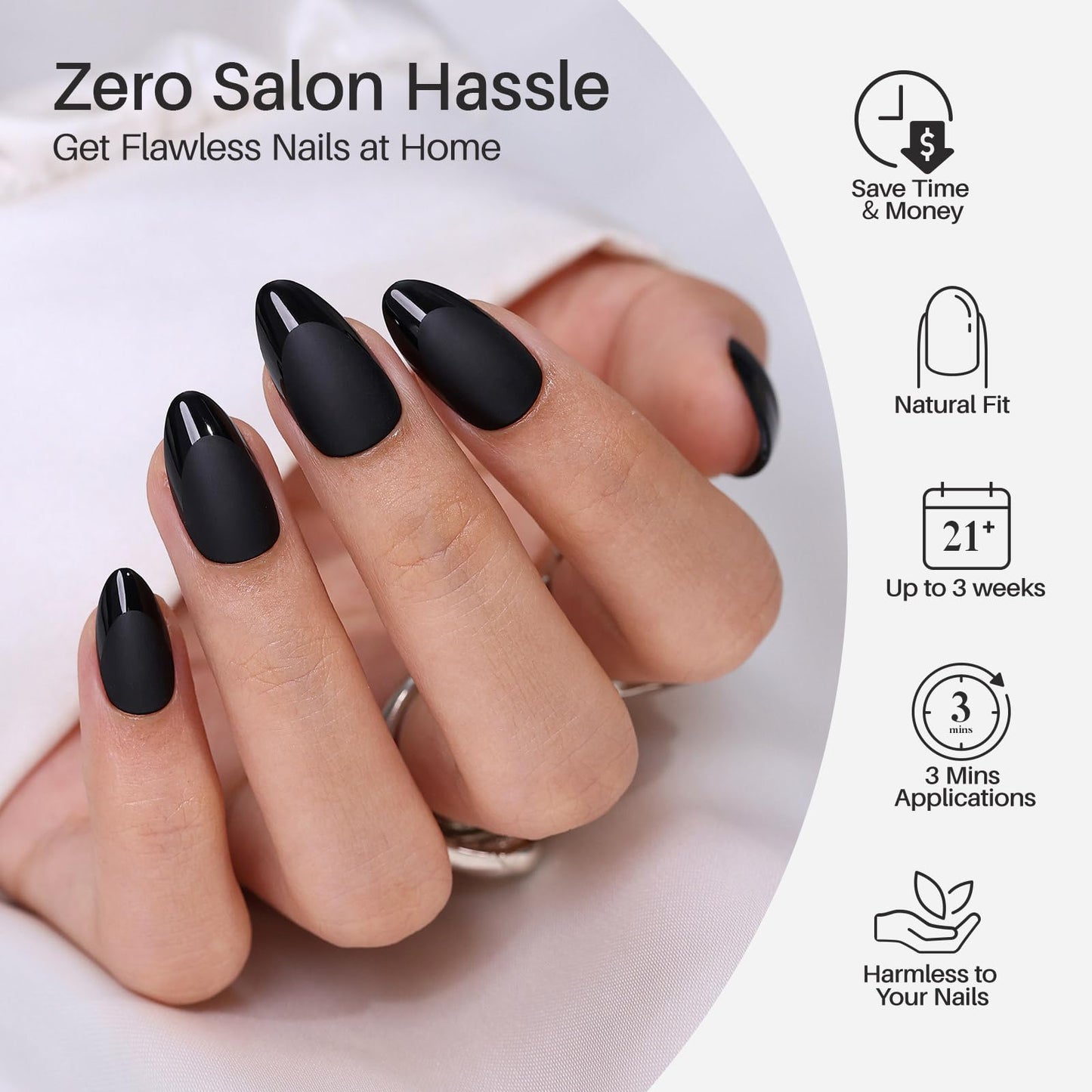Soft Gel Black Press on Nails Almond - SHANGMENG Short Nails with Glossy French Tips in a Matte Finish, Stick on Nails with Glue in 16 Sizes - 32 Reusable Fake Nails for Women, Matte Black