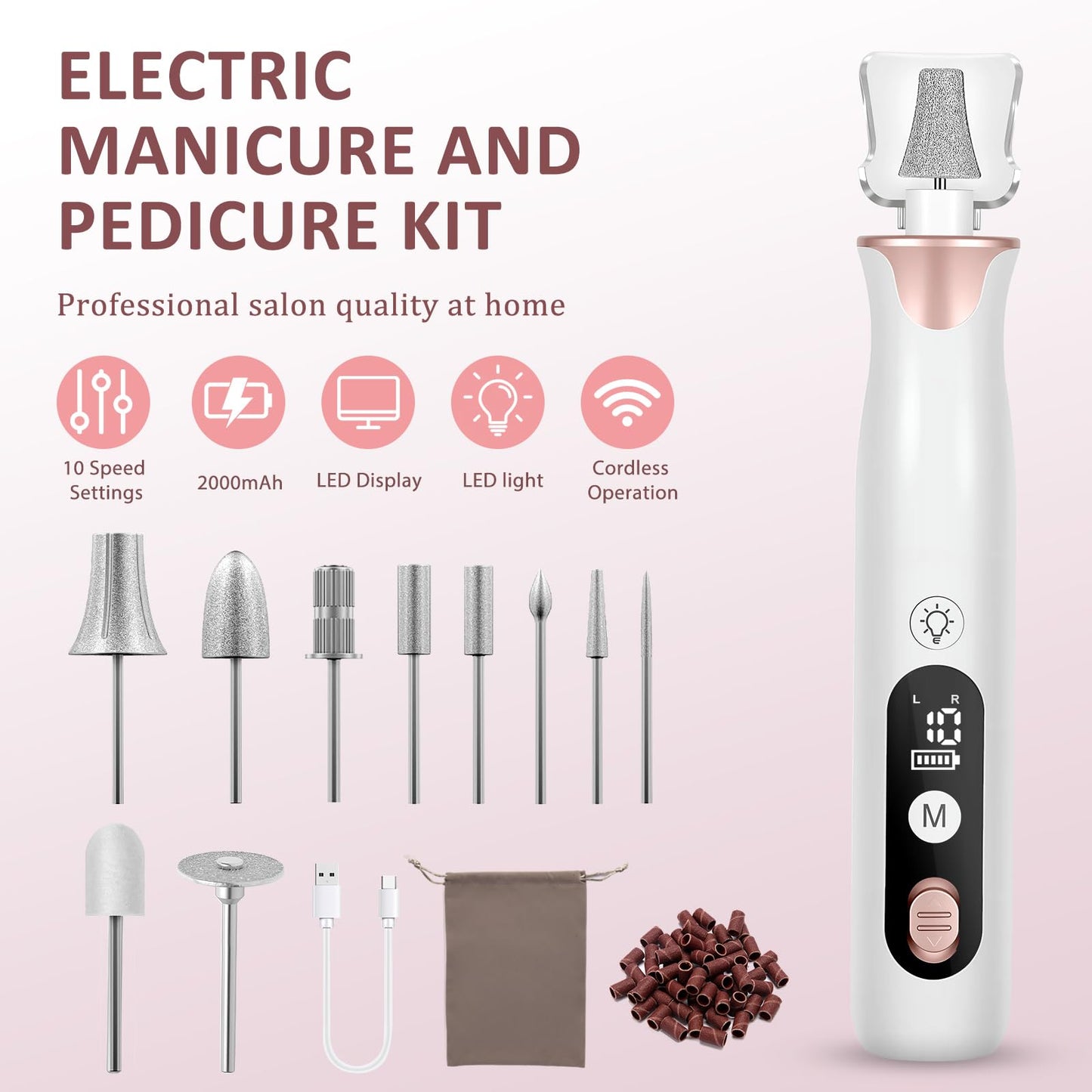 ZABOUL Electric Nail Drill Kit Cordless Professional Manicure Pedicure Nail File Buffer for Acrylic Nails Gel Polishing Removing Manicure Salon Home with Nail Drill Bits Sanding Bands