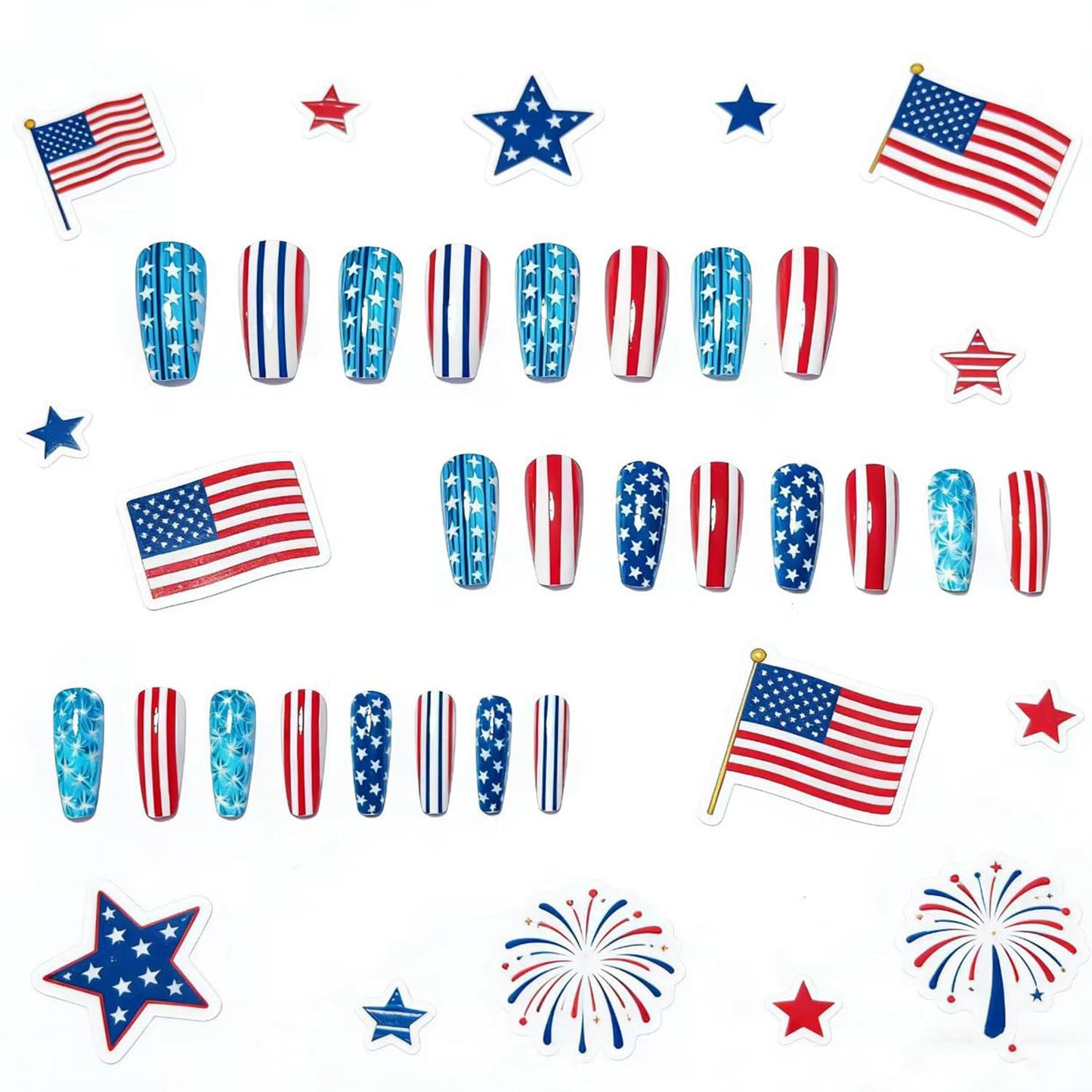24Pcs Independence Day Press on Nails Medium Length Fake Nails Lines with Stars Fireworks False Nail Ballet Shaped 4th of July Stick on Nail Glue on Artificial Fingernails for Women Holiday Manicure