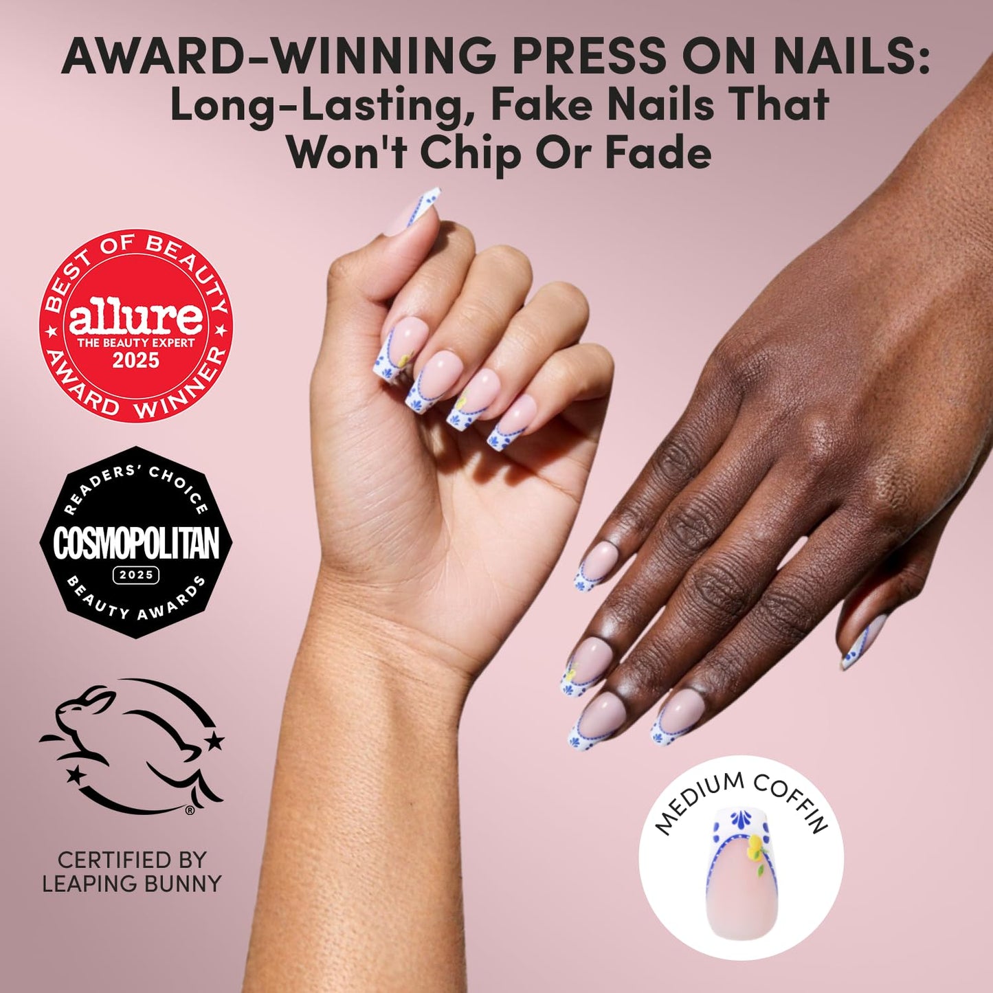 Glamnetic Press On Nails - Medium Coffin Fake Nails with Blue & White French Tips | Salon Quality Vacation Nails | Tuscan Twist | 15 Sizes - 30 Nail Kit with Glue
