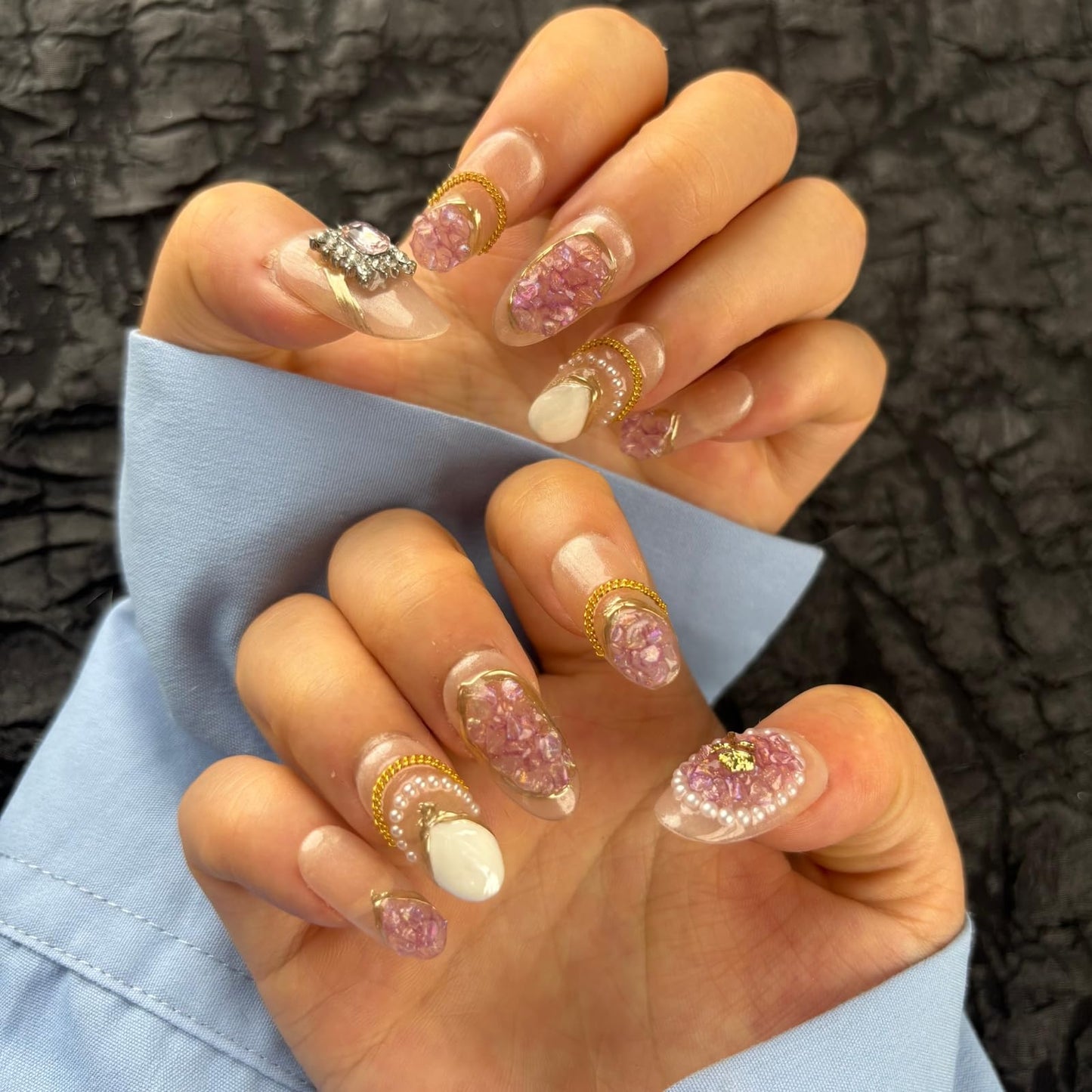 AKA Unicorn Handmade Press On Nails Medium Oval,Gold Chain&Pearl French Nail Tip,10Pcs Acrylic Fake Nails with Charm Design,Glue On Nail with 3D Rhinestone Stick On Woman Fingernails