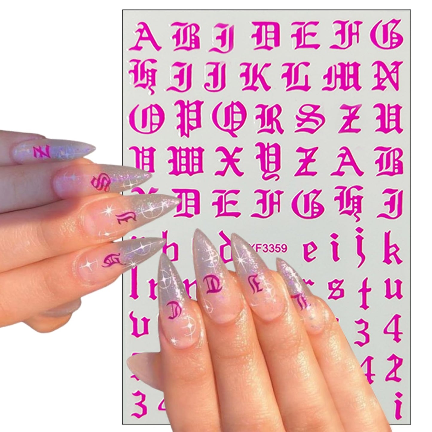 8 Sheets Old English Nail Sticker 3D Self-Adhesive Pegatinas Uñas Old Alphabet Nail Decals Gold Silver Black White Number Font Letters Metallic Holographic Alphabet Design Nail Art Supplies for Women