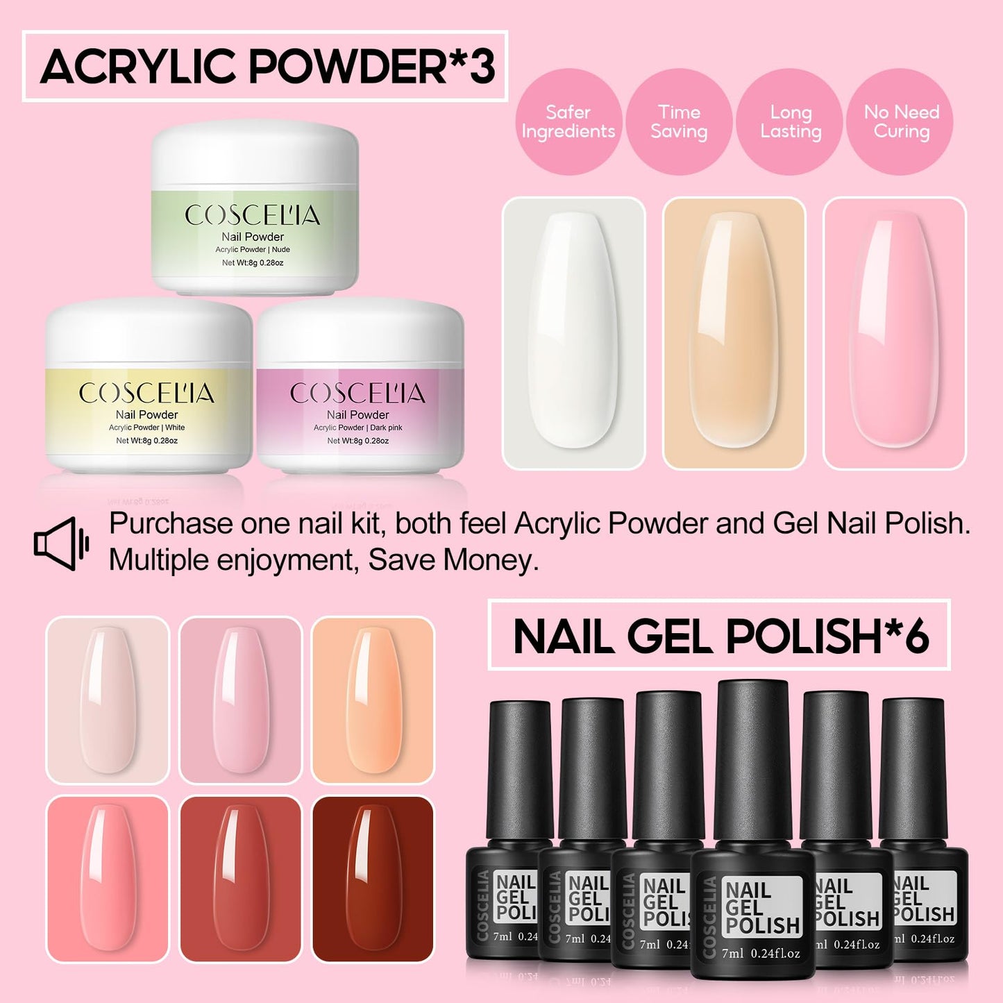 COSCELIA Acrylic Nail Kit for Beginners with Everything Professional Acrylics Powder 6pcs Gel Nail Polish 18pcs Glitter Decoration Powder Nails Kit Acrylic Set with Drill Light Gifts for Women