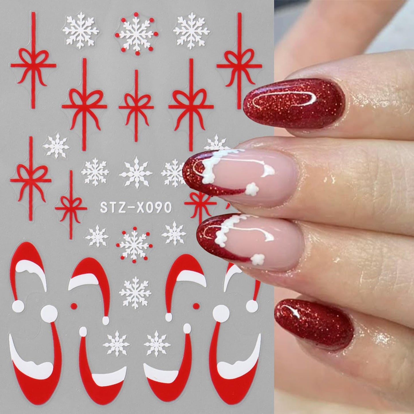 Christmas French Nail Stickers Decals with Christmas Cartoon Snowflakes, French Lines, Bows, Santa Hats Design Snowflake Gift Xmas Nail Sticker Nail Tip Winter Holiday Manicure Decor for Women