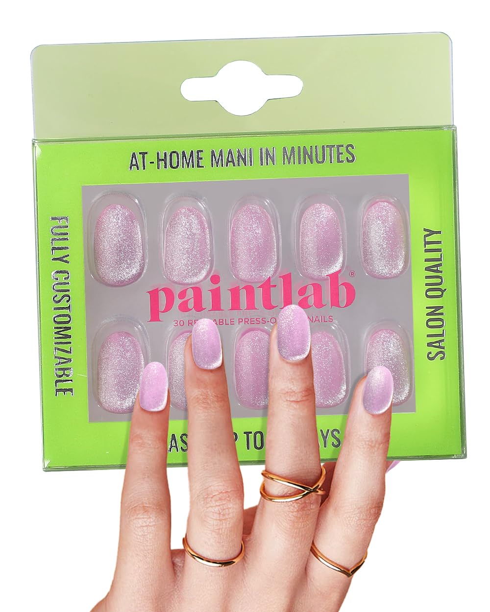 PaintLab Press On Nails Kit for Women – Lavender Fairy Cat Eye Oval Fake Nails, 30 Nails in 15 Sizes with Glue, Reusable Salon Quality Press On Nails