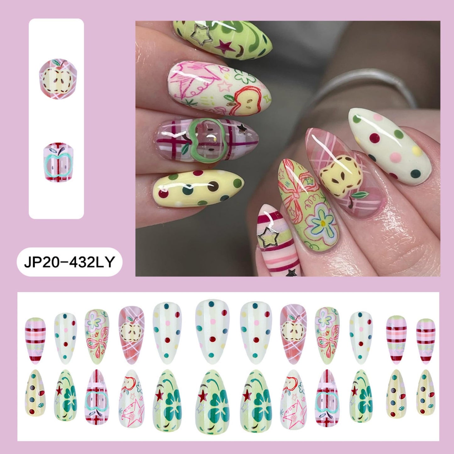 OCTOSWAVE Almond Press on Nails Long Acrylic Fake Nails with Cute Apple, Flower & Plaid Art for Women, Y2K Preppy Style for Party, Date, Vacation, 24Pcs