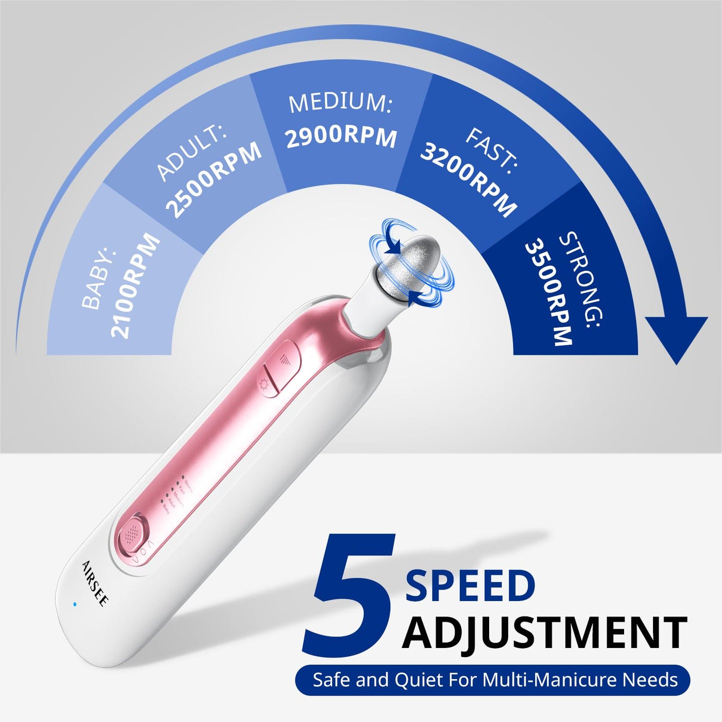 AIRSEE Professional Manicure Pedicure Kit,Cordless 6 in 1 Electric Nail File for feet,5 Speed Rechargeable Pedicure Tools for Thick Nail Toenail Cuticle, Hand Feet Trimmer Buffer for Women Men,Pink