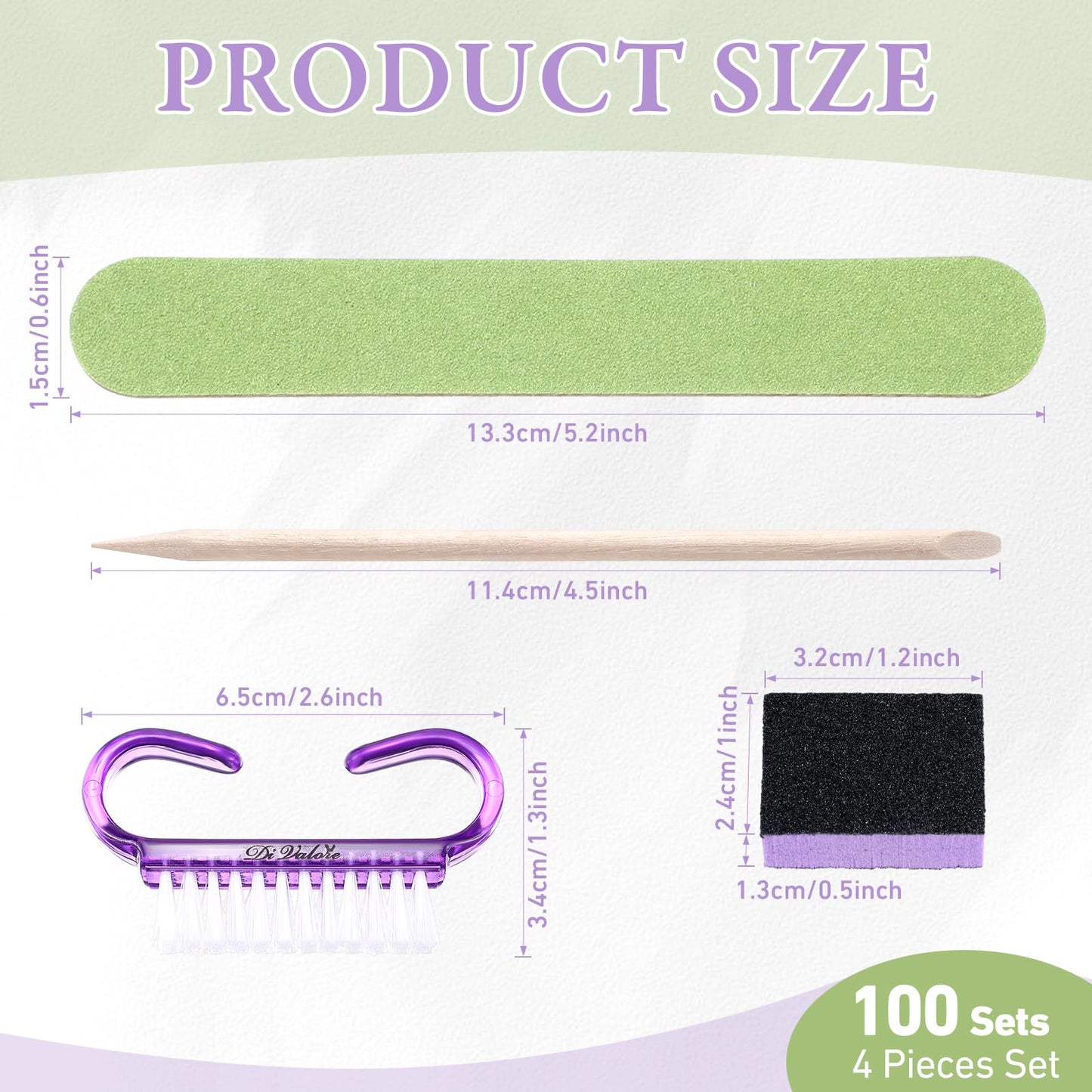 Leriton 100 Sets Mothers Day Professional Disposable Manicure Kit Basics 4 Piece Nail Kit Wood Nail File 100/180 Grit, Mini Buffer 80/100 Grit, Wood Stick and Handle Grip Brush Gifts(Purple)