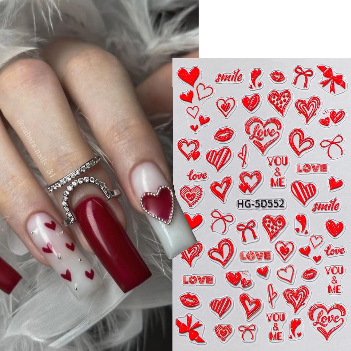 4Sheets 5D Valentine Nail Art Stickers Kit Romantic Valentines Style Red Lip Love Nail Design Decal with Adhesive Cute Hollow Heart Letter Bow Embossed Slider Decal for Wedding Perty Nail Charms Decor