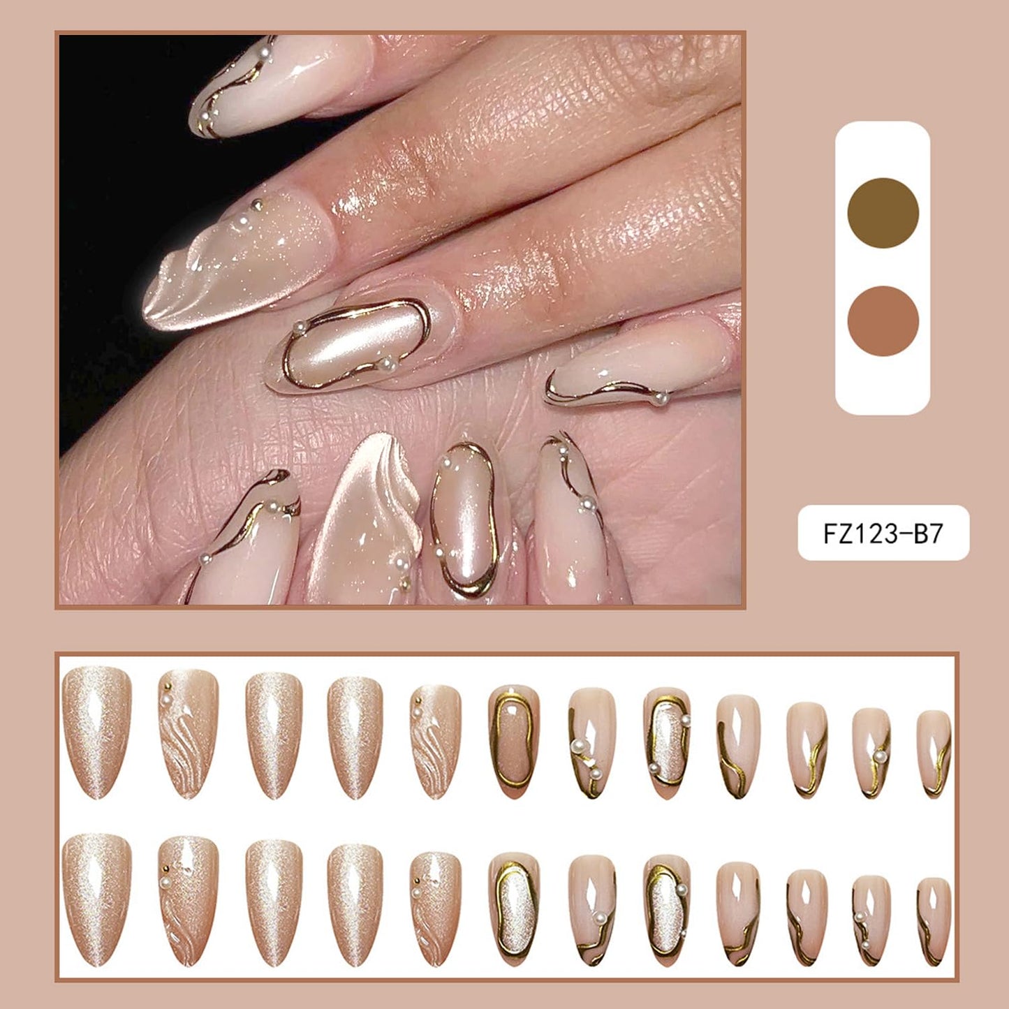 Chrome Gold Press on Nails Medium Almond Fake Nails Gilded False Nails 3D Gold Beads Pearls Press on Acrylic Nails Water Ripples Stick on Nail Shiny Glitter Full Cover Glue on Nail for Women 24Pcs