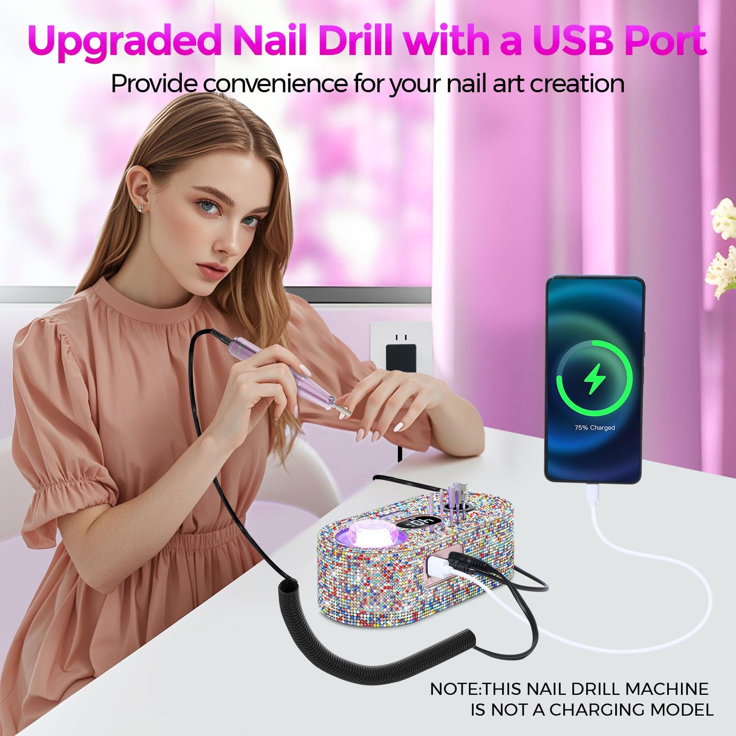 Nail Drill Electric File: DEDNMSCA Sparkly Professional Nail Drill Kit, 40000RPM E-File Machine with 12 Drill Bit for Acrylic Nail Remove Nail Gel Polish Manicure for Salon Home, Colorful Diamond Lamp