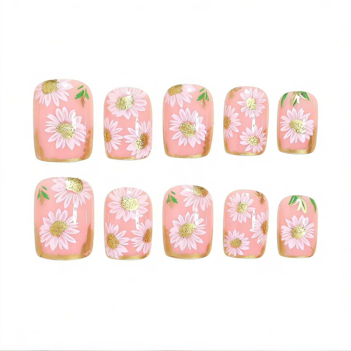 French Tip Press on Nails Short Square - Fake Nails Press ons with Gold Foil & Daisy Flower Design Manicure Set, Light Pink Full Cover Glue on Nail for Women Wedding & Casual Occasions