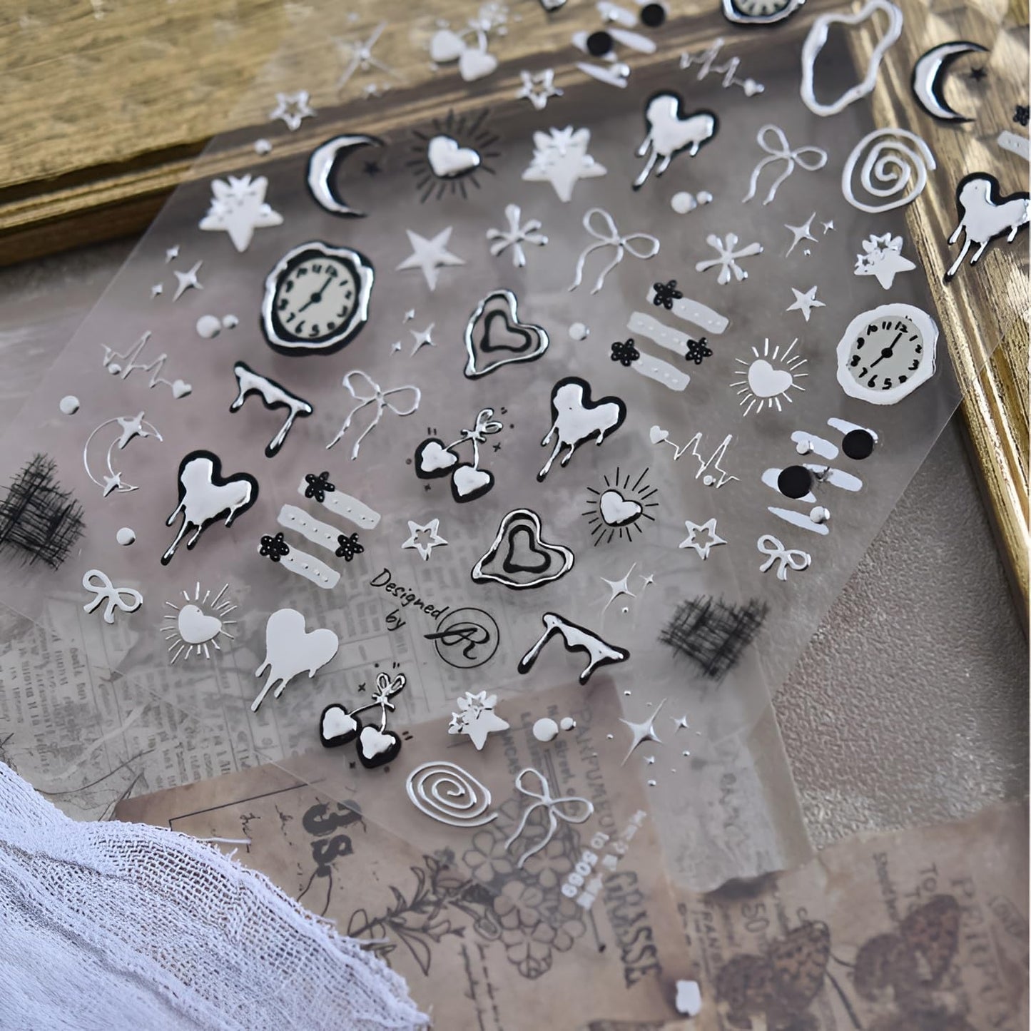 Silver Bow Heart Nail Art Stickers 5D Embossed Valentine's Day Nail Stickers Moon Star Nail Decals with Metal Design Clock Nails Supplies for Women Girls DIY Manicure