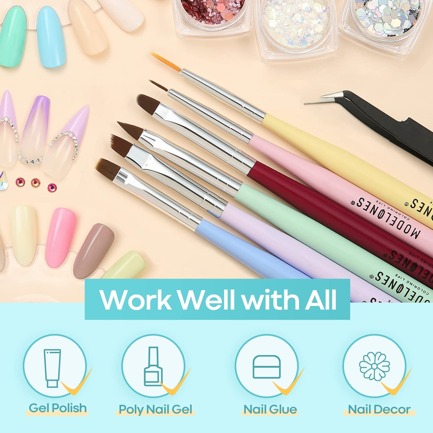Modelones Nail Art Brushes With Mini Nail LED Lamp, 2022 Newest Gel Polish Nail Art Design Tool for Easy and Fast Nail Extension System, Manicure Set for Salon at Home DIY