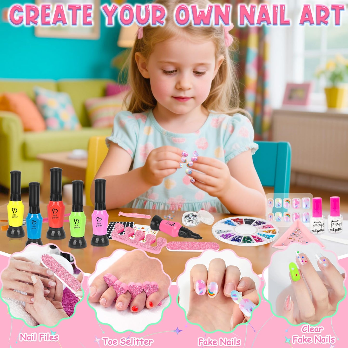 Kids Nail Polish Set for Girls, 34PCS Nail Art Kit with Nail Dryer & Storage Box, Non Toxic Quick Dry Kit and Fake Nails for Kids, Girl Toys Age 8-12, Halloween Birthday Christmas Gifts for Girls 8-12