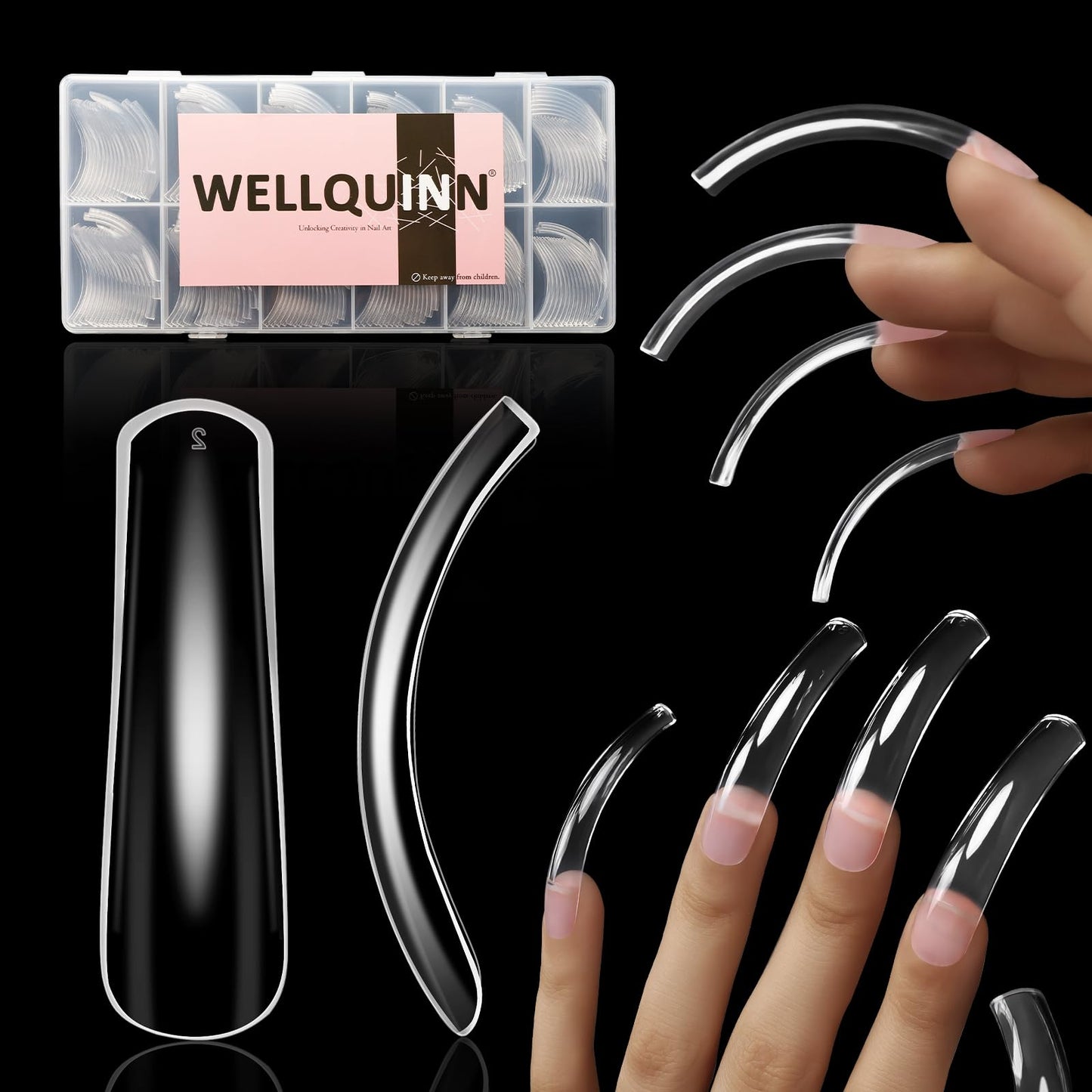Wellquinn Curved Nail Tips Square Press on Full Cover Thicker Extra Curve Gel x Thick Long Acrylic Fake Nails, Clear Hard Gel French XXL False Nails for Nail Extension 12 Sizes 240 Pcs Q54 Pro