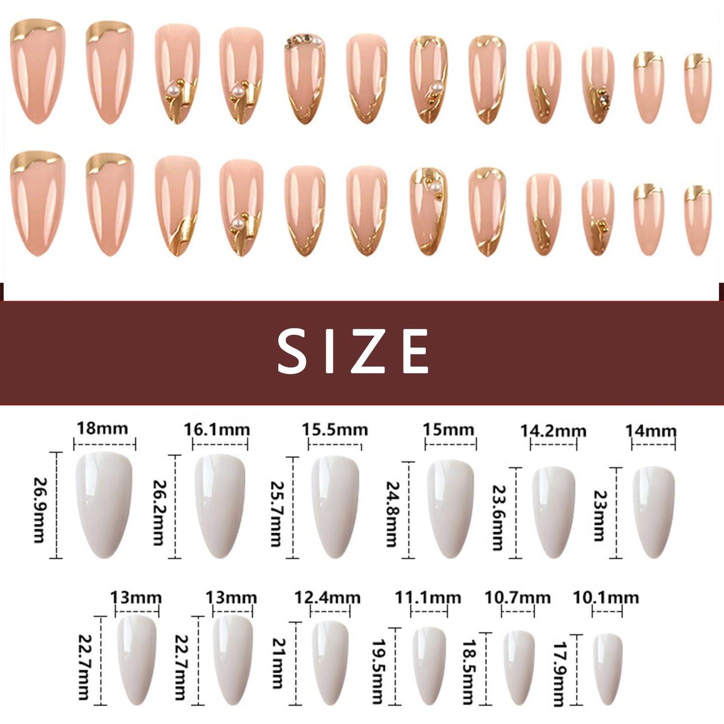Gold French Tip Press on Nails Medium Almond Fake Nails with Pearl Designs 3D Irregular French Tips Gold Edge False Nails Glossy Nude Acrylic Glue on Nails for Women Girls Manicure Decorations 24Pcs