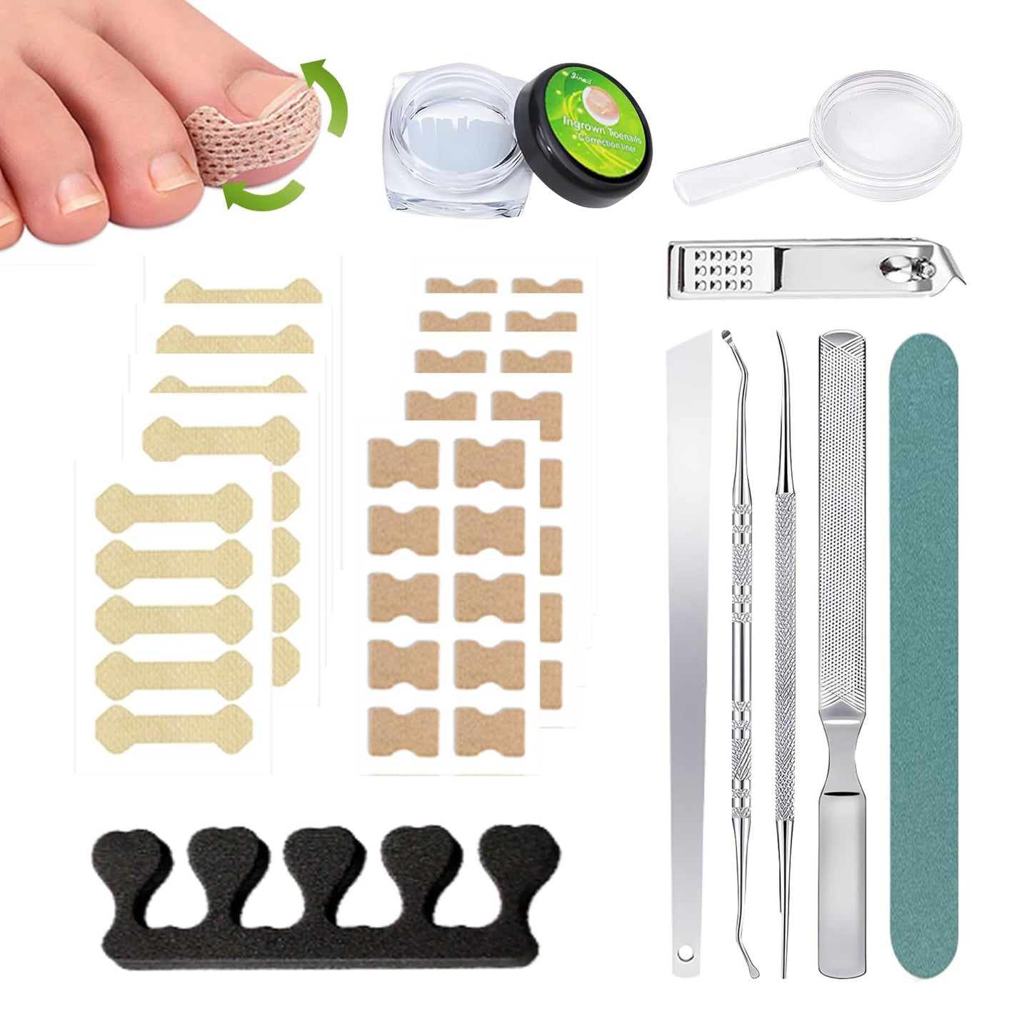 Ingrown Toenail Corrector Set with Magnifier and Correction Strips, Professional Ingrown Toenail Treatment Tools Set, Safe and Effective Nail Care for Home Use