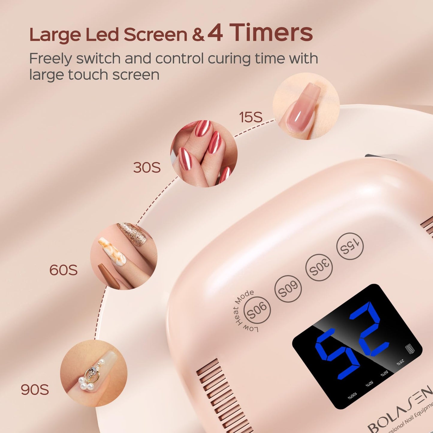 BOLASEN Cordless Rechargeable UV Nail Lamp - UV Light for Gel Nails with Metallic Reflector & Metal Base, 54W Portable Wireless LED Nail Dryer, Professional Fast Charger Curing Lamp for Salon, Pink