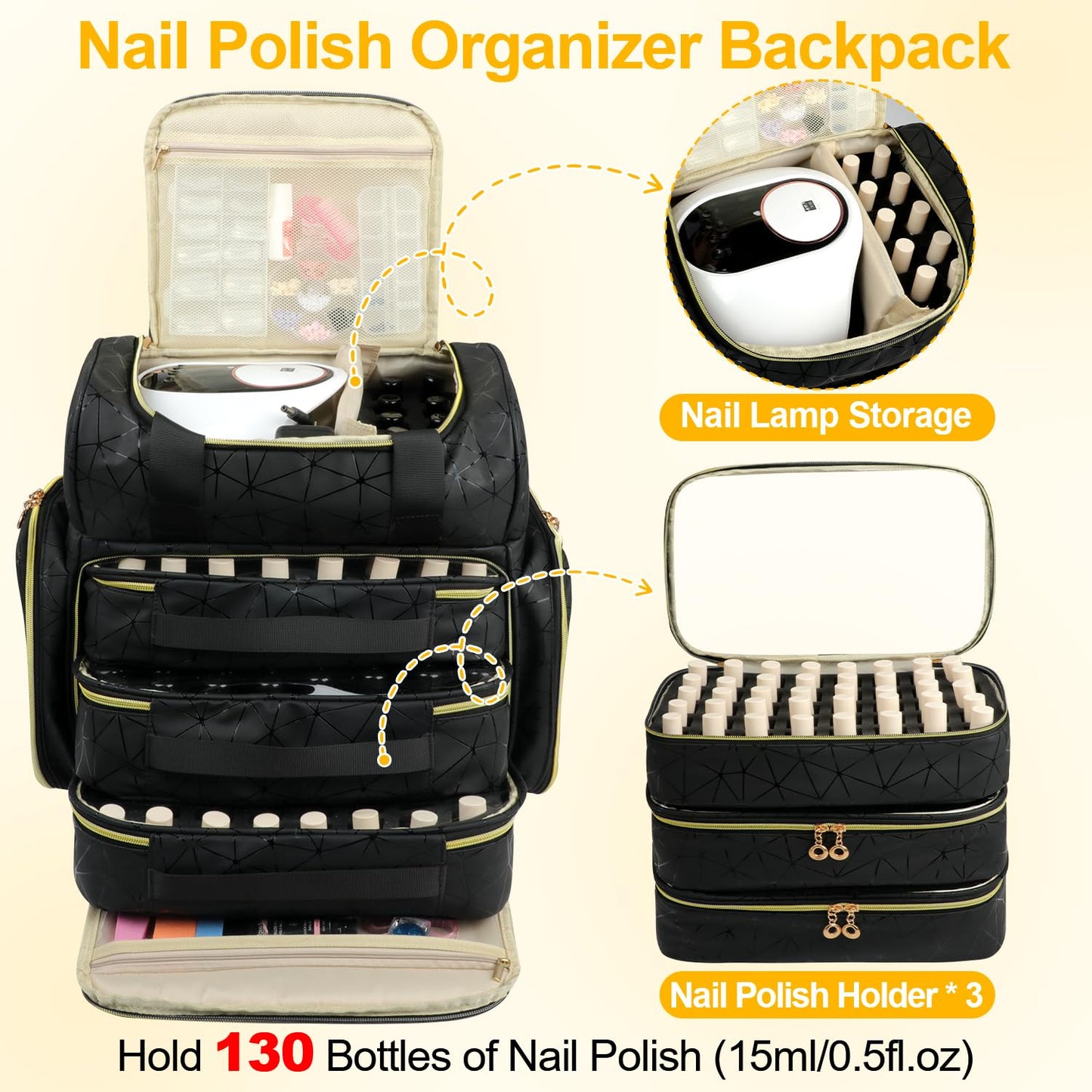 Veirdro Nail Polish Organizer Backpack Holds 130 Bottles (15ml/0.5fl.oz)& Nail Lamp, Extra Large Nail Kit Storage Bag with 3 Removable Carrying Cases, Nail Tech Supplies Organizer Case for Women Black