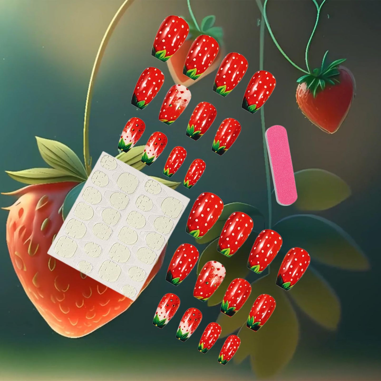 24Pcs Strawberry Press on Nails Glossy Red Medium Coffin False Nail Fruit Acrylic Full Cover Fake Nails Green Leaves Gel Glue on Fingernails French Tips Stick on Nail for Holiday Manicure Art